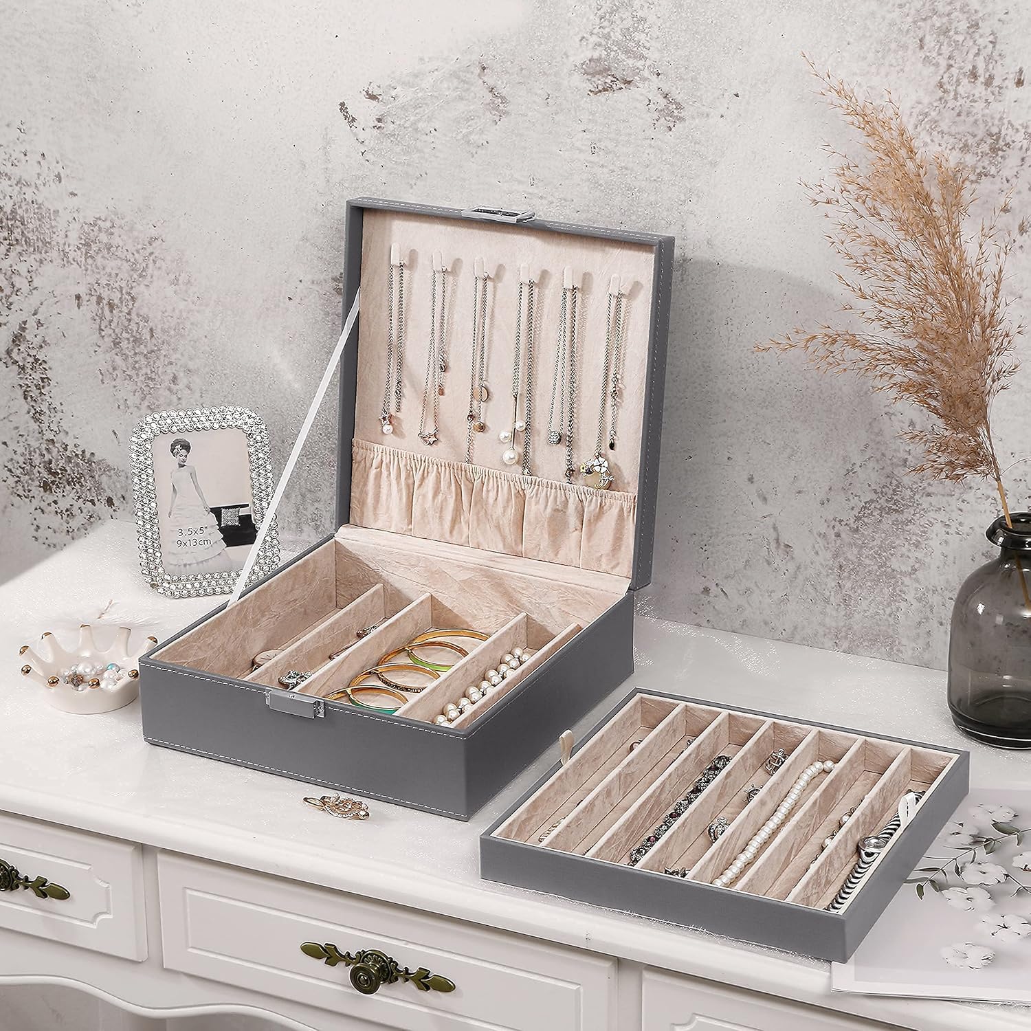 BEWISHOME Ring Organizer and Earring Box Holder Jewelry Box Tray Cufflinks Storage for Girls Women Men Necklace Organizer Box Necklace Storage Organizer for Chains, Bracelets