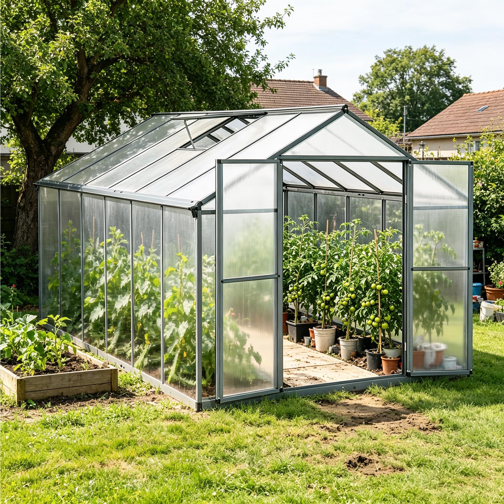 Gewächshaus Aluminium für den Garten |Mit 8 cm dickeres Fundament| 361*238*210 cm | Vielseitig nutzbar als Treibhaus Gartenhaus Winterfest Aufzucht Tomatenhaus Frühbeet und Pflanzenhaus Grau