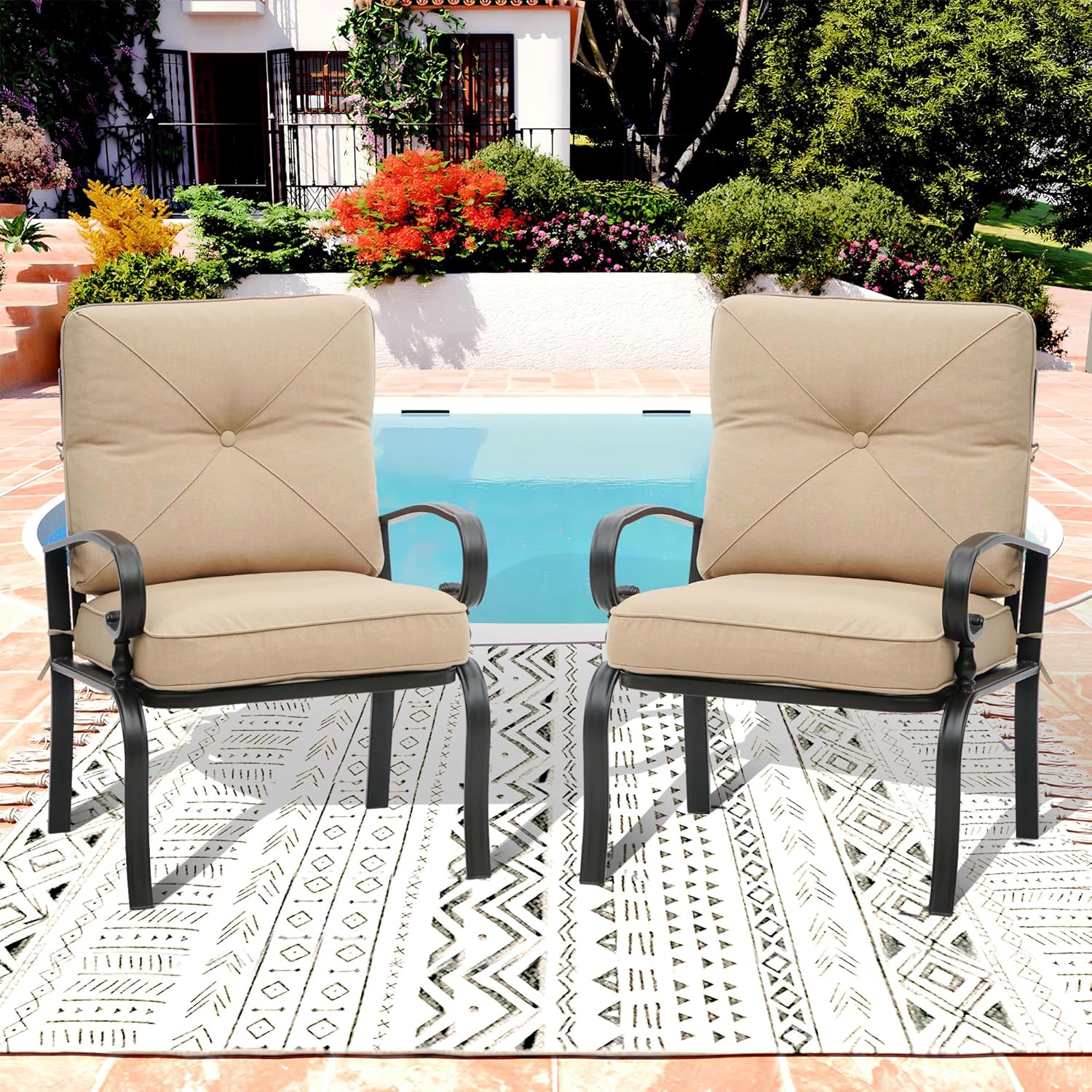 2 Pcs Patio Dining Chairs Bistro Set Wrought Iron Outdoor Furniture Set, All-Weather Garden Seating Chair with Brown Cushions