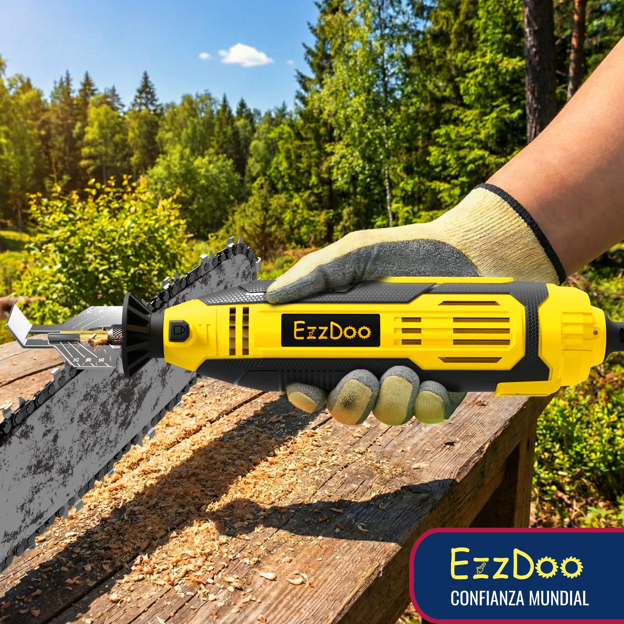 EzzDoo Afilador Cadena Motosierra Eléctrico con Brocas de Diamante Revestidas de Titanio - Kit Rápido con 6 Discos de Alta Dureza para Todas las Cadenas