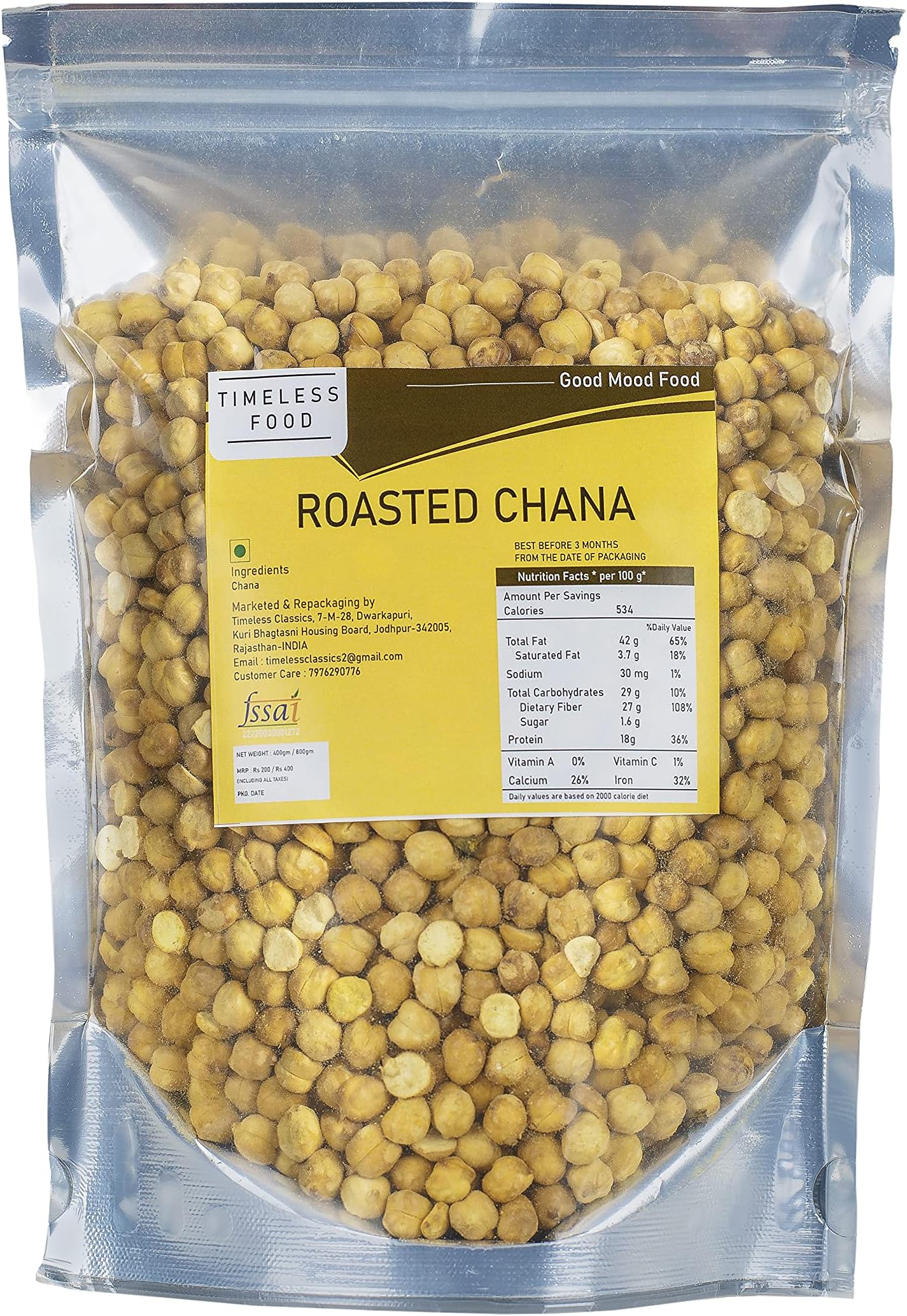 ๏ปฟTimeless Food Roasted Chana Without Skin 400g | Bhuna Chana | Roasted Chickpeas | Healthy & Crunchy Snack