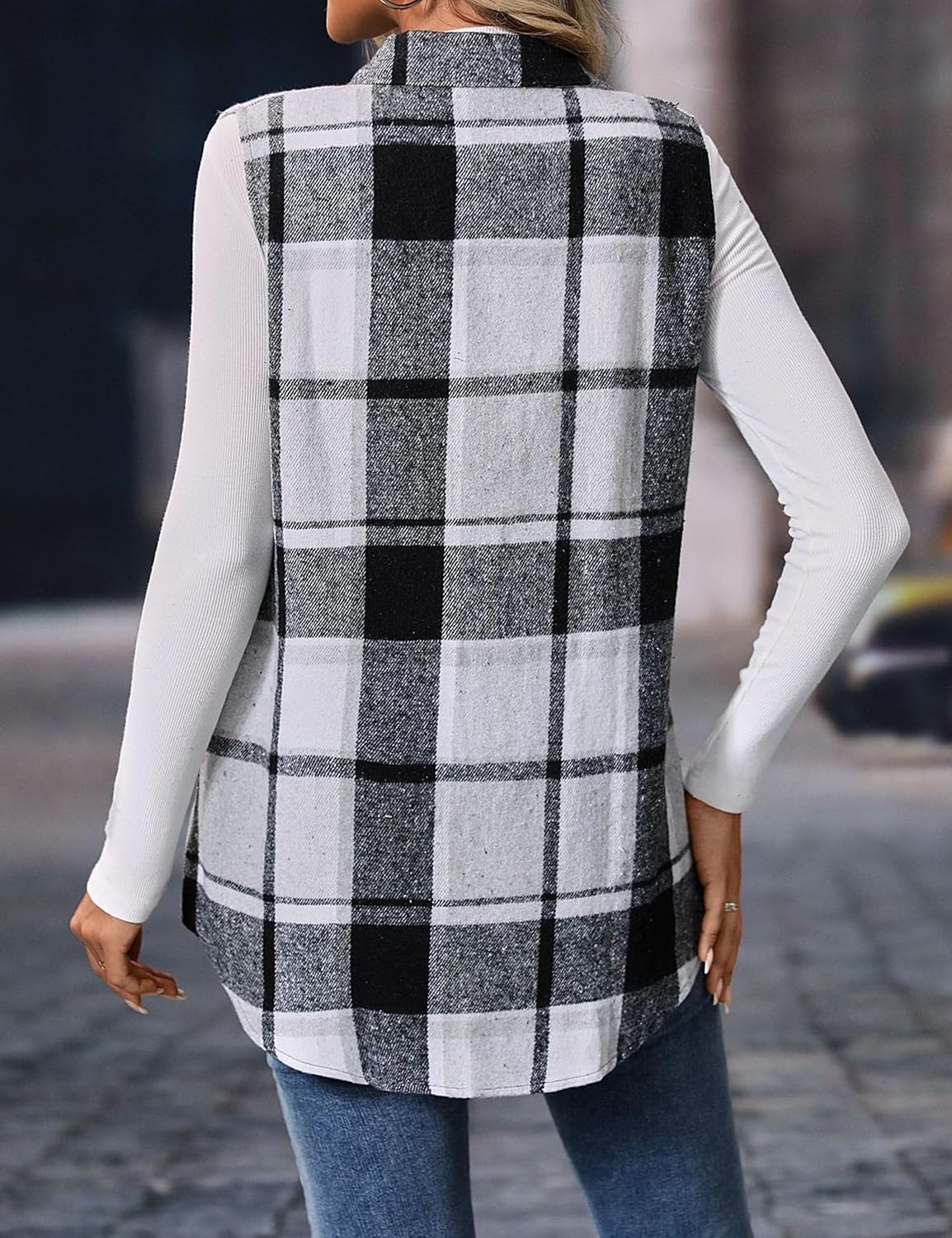 ZILIN Women's Flannel Plaid Vest Button Down Sleeveless Shacket Shirt Jacket - Image 7
