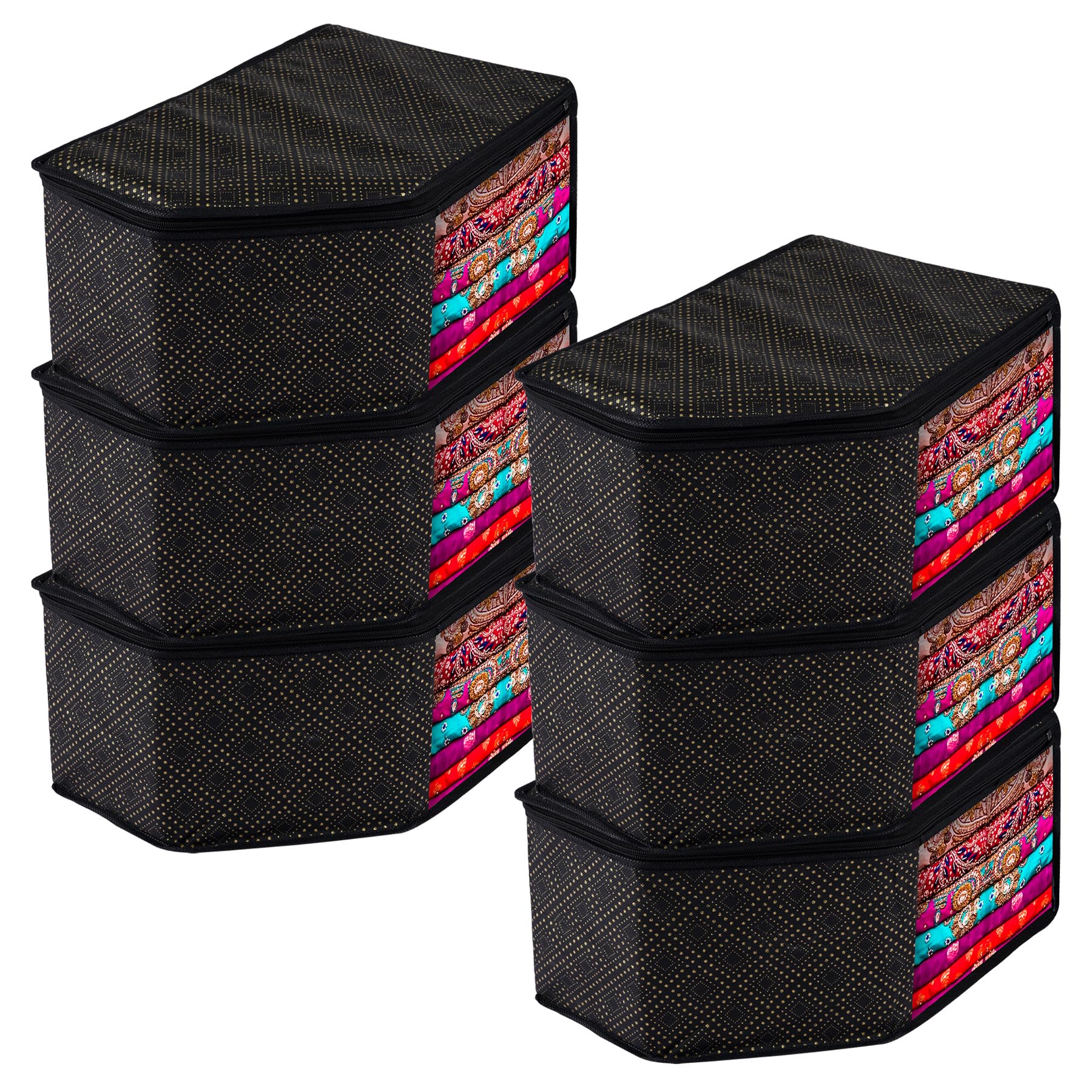 Kuber Industries Blouse Cover | Clothes Storage Bag | Zipper Closure Wardrobe Organizers | Clothes Organizer with Transparent Window | Golden-Dot Clothes Bag | Pack of 6 | Black