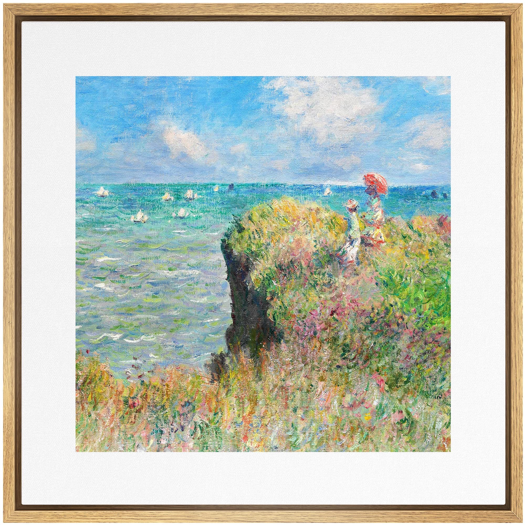 SIGNWIN Framed Canvas Print Wall Art Cliff Walk at Pourville by Claude Monet Nature Wilderness Oil Painting Impressionism Rustic Colorful for Living