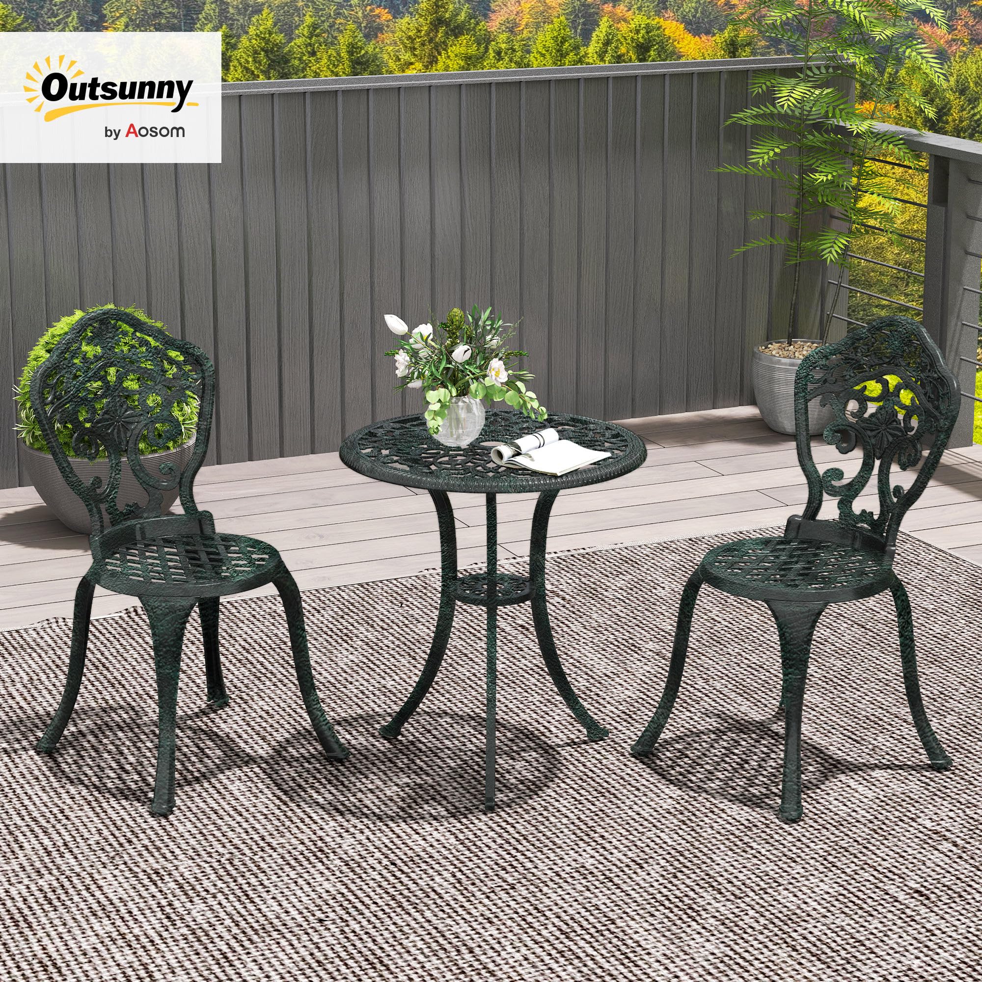 Outsunny Ensemble bistrot pour Jardin en Aluminium Salon de Jardin 3 pièces 2 chaises + 1 Table Ronde Imitation Fer forgé Vert