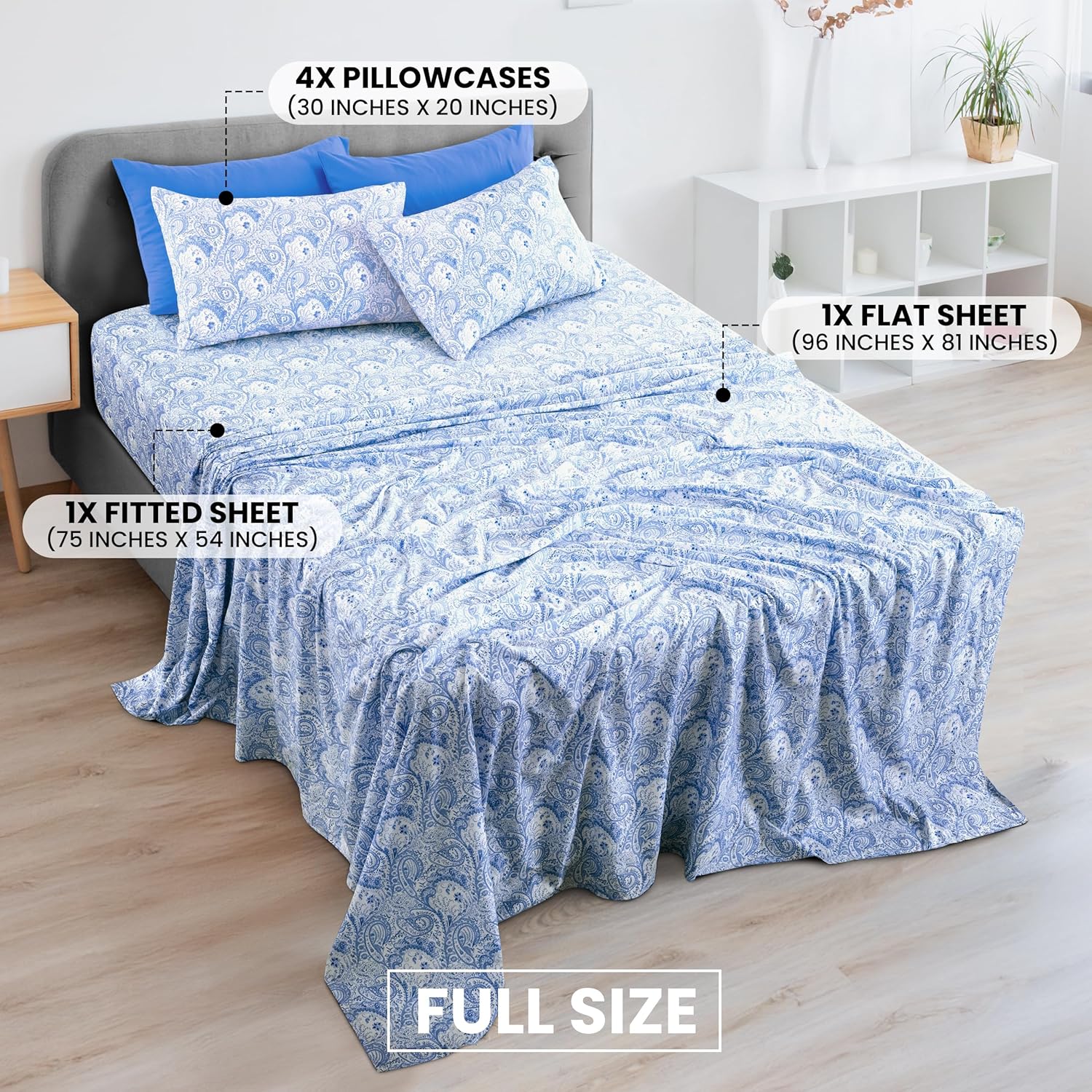 Ultra Soft Wrinkle-Free Microfiber Paisley Full Sheet Set, Breathable Boho Bed Sheet Set – 16" Deep Pocket Fitted Sheet, Flat Sheet & 4 Pillowcases, Juegos de Sábanas, OEKO-TEX - White/Blue - Image 2