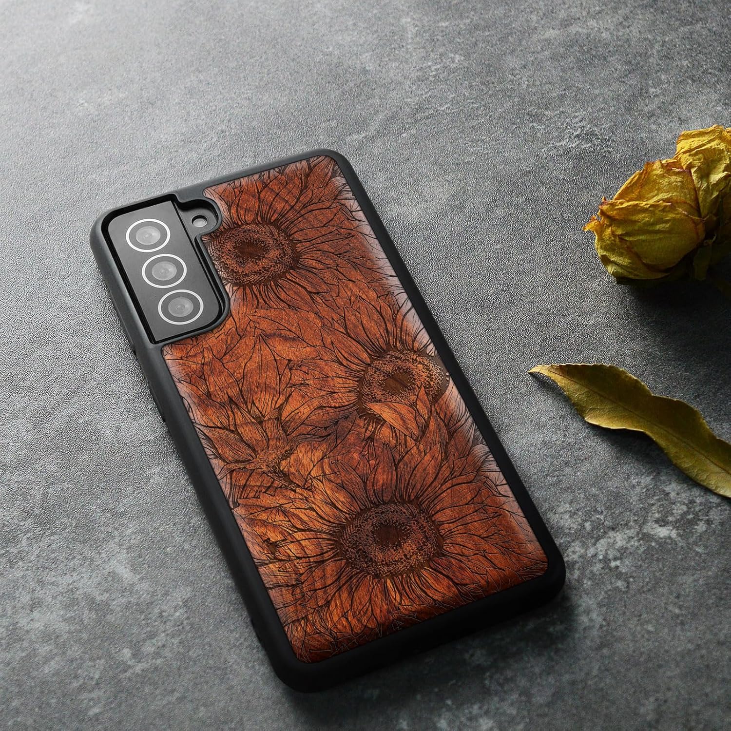 Carveit Wood Case for Galaxy S21 Case [Natural Wood & Black Soft TPU] Shockproof Hybrid Protective Unique Wooden Cover Compatible with Samsung S21 (The Helianthus Sketch-Rosy)