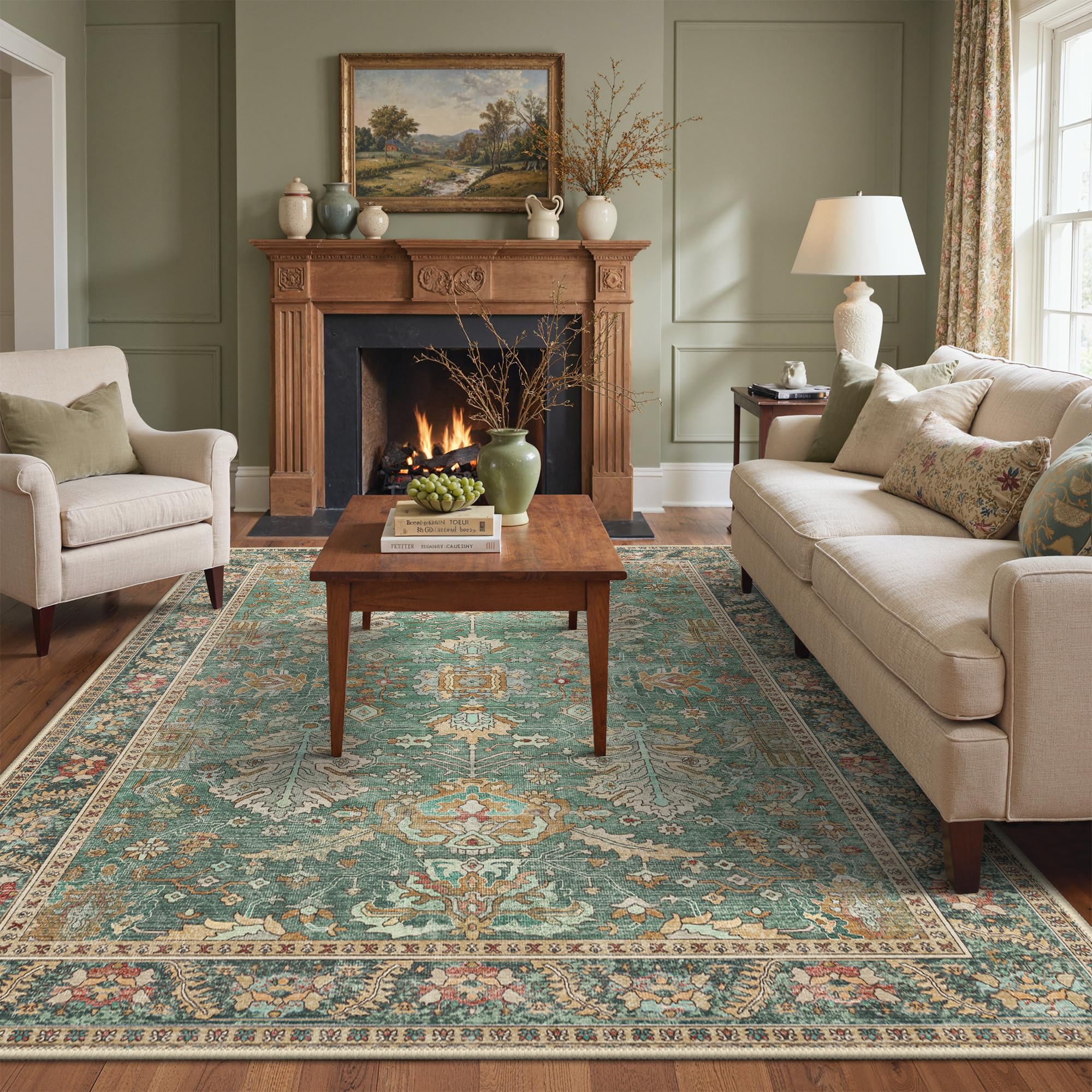 BEIMO Washable Rugs 160x230cm, Nursery Living Room Rug Boho Design Area Rug for Bedroom Soft Low Pile, Non-Slip Rugs for Living Room, Dining Room, Retro Floral Motifs Geometric, Emerald Green โ image 1