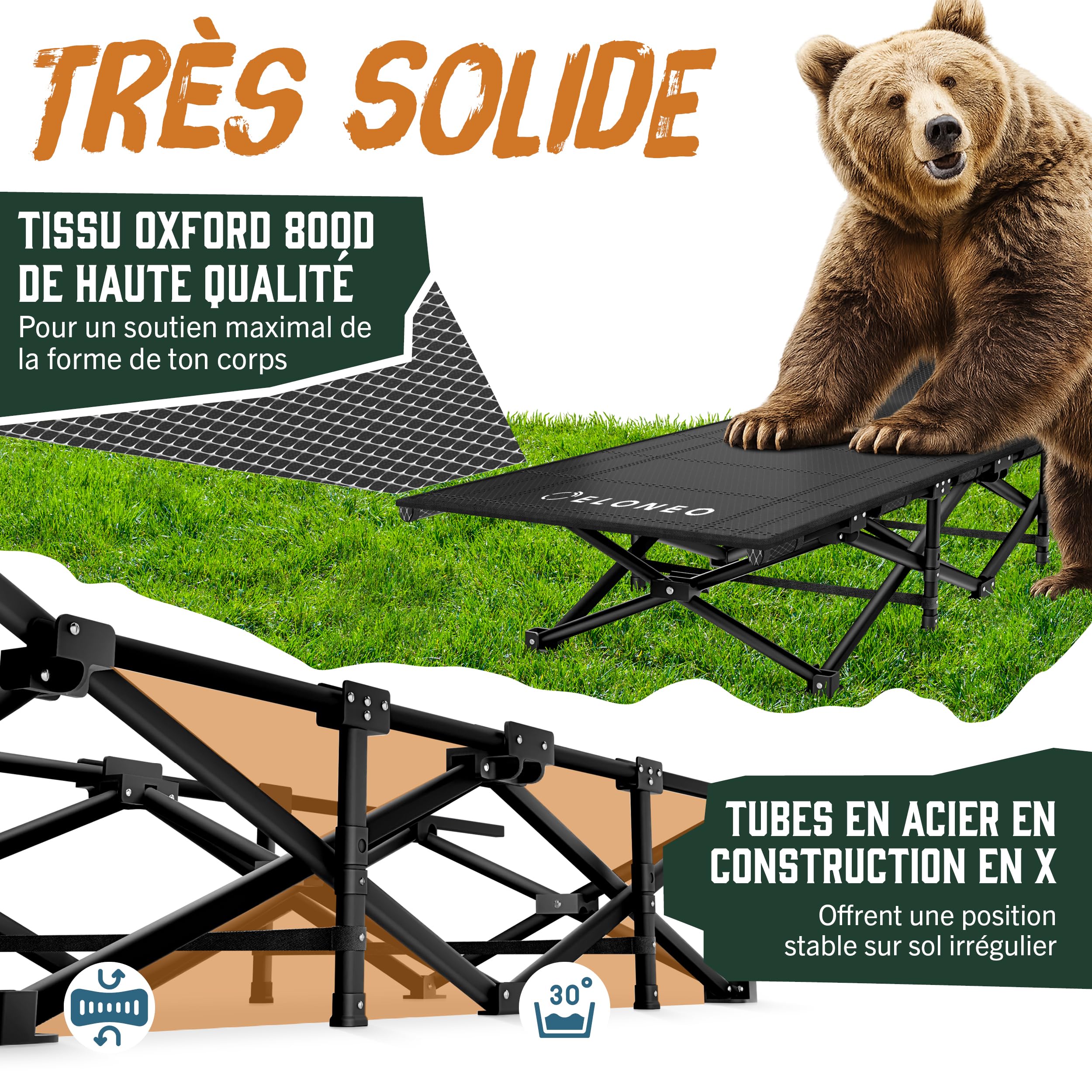 ELONEO Nouveau lit de Camp Pliable avec surmatelas Premium | Lit de Camping Jusqu’à 200kg de Charge | Lit d’appoint Pliable | Lit Pliant intérieur et extérieur | Lit de Voyage Adultes