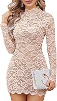 Avidlove Women's Sheer Floral Lace Long Sleeve Bodycon Mini Dress - Sexy See-Through Party Club Lingerie (No Lining)