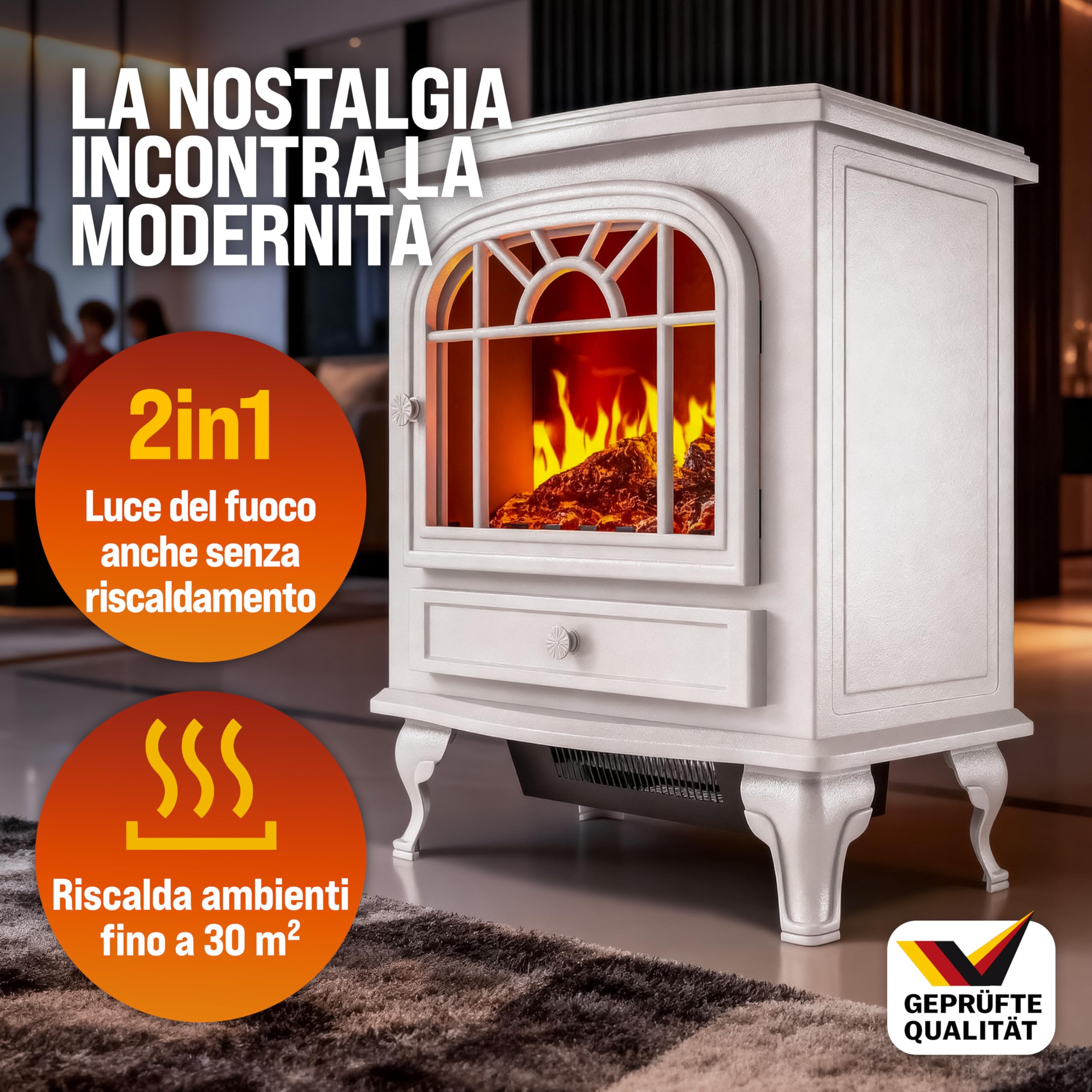 DEUBA® Camino Elettrico 2000W 60x28x50cm Termocamino Luce LED Effetto Fiamma Stufa Elettrica Caminetto finto a Corrente Stile Antico Bianco