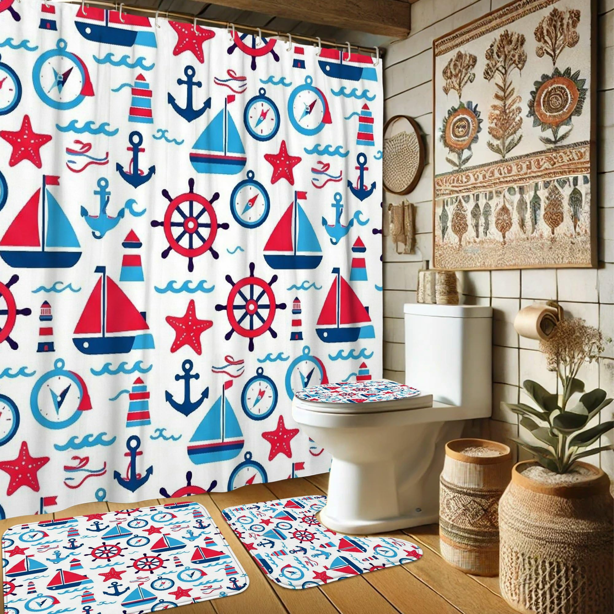 Rideaux de douche imperméables pour stopper l'humidité avec motif ancres et voilier