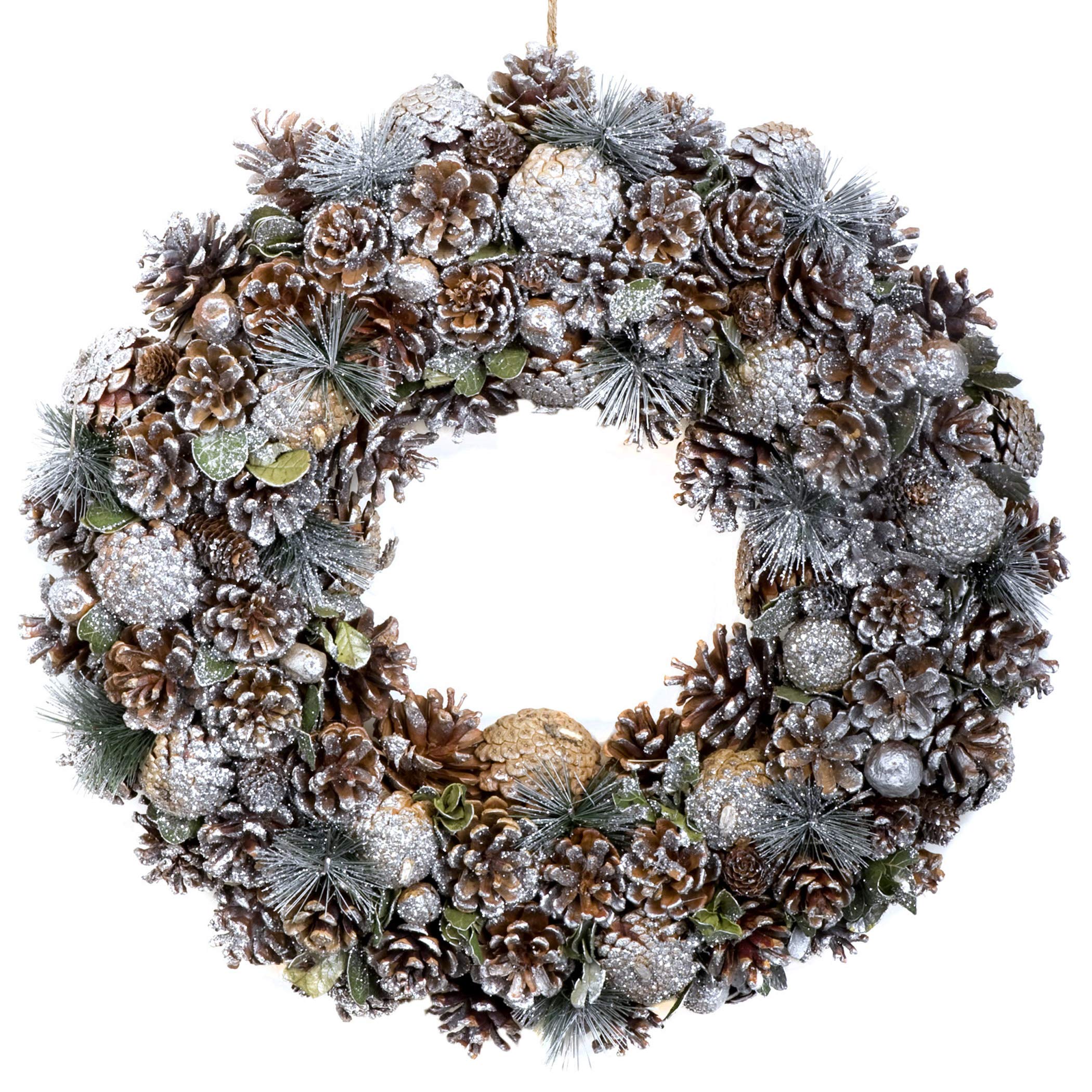 Greenbrokers Silver Christmas Hanging Wreath 48Cm- Festive Display With Pine Cones