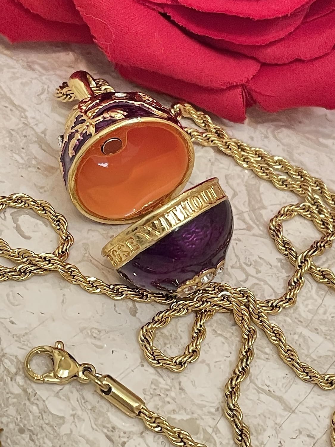 Pierre Lorren Amethyst February Birthstone Jewelry Faberge Egg Pendant Necklace 24k Yellow Gold Jewelry Set Faberge Pendant Necklace Bracelet Handmade Jewellery for Woman Birthday Gift for her Bday