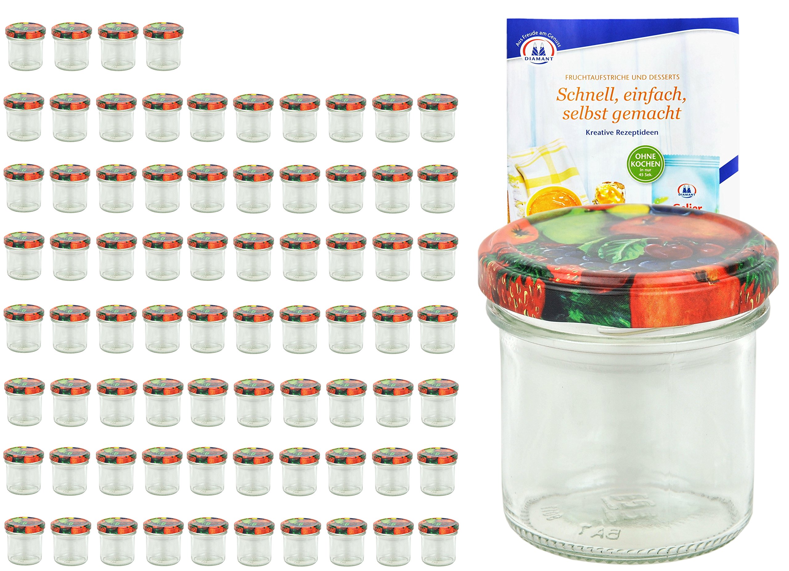 MamboCat 75er Set Sturzgläser 167 ml Deckelfarbe Obst Dekor to 66 inkl. Diamant Gelierzauber Rezeptheft, Marmeladengläser, Einmachgläser, Einweckgläser, Gläser