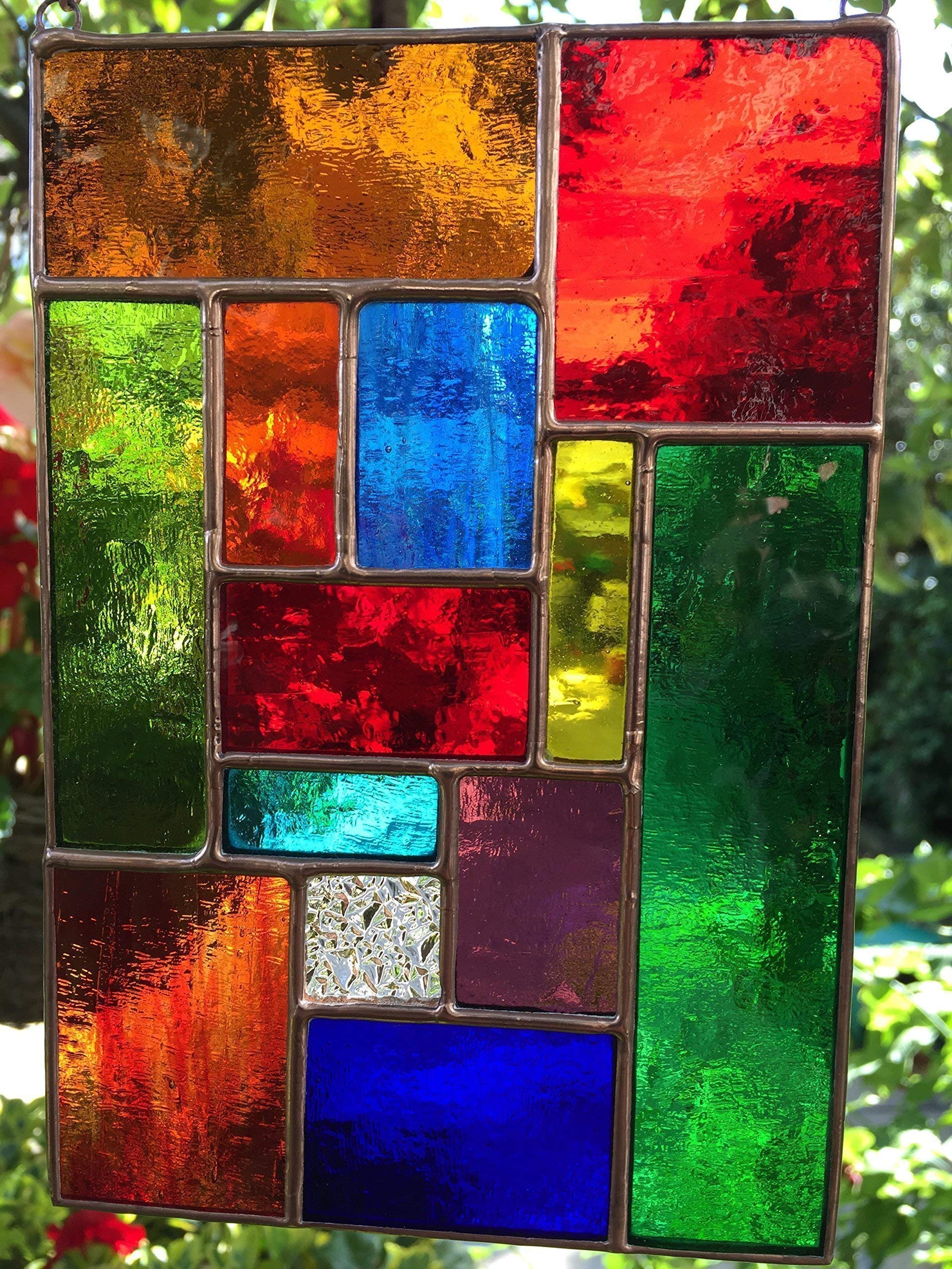 Pannello acchiappasole in vetro colorato, arte astratta in rame multicolore