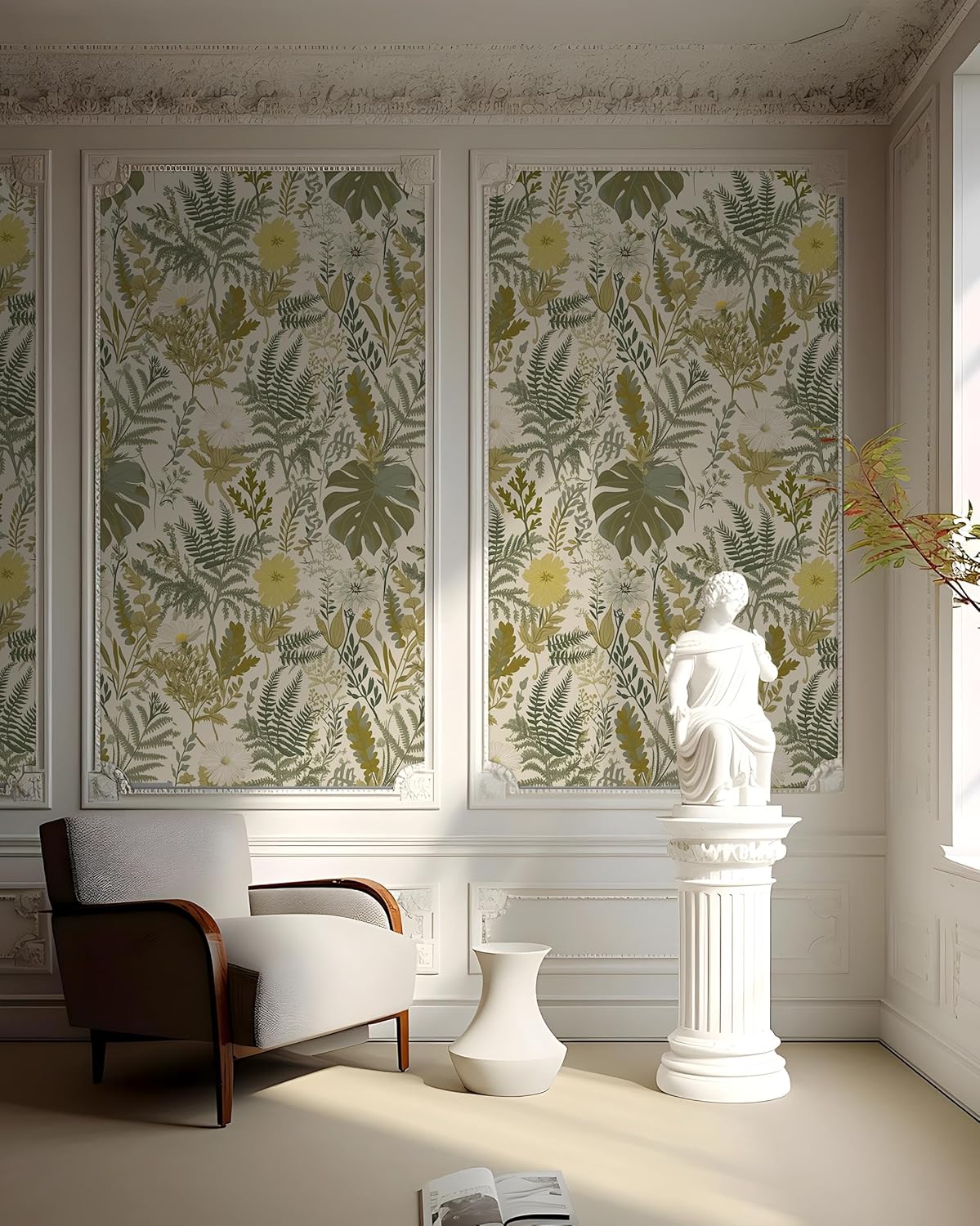 Peel and Stick Wallpaper Boho Bathroom Wallpaper Green/Yellow/Beige Wall Paper 17.7"x394" Removable Self Adhesive Contact Paper Tropical Botanical Floral Fern Leaves Wall Mural