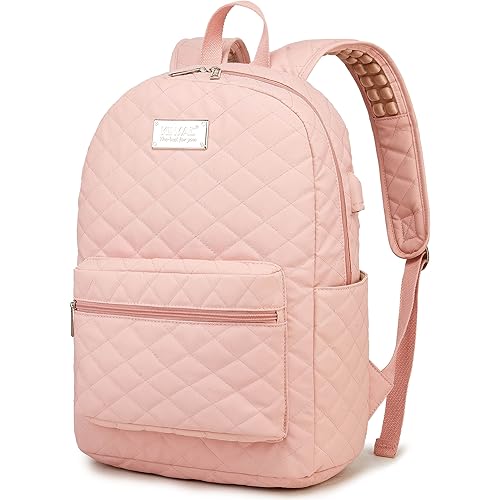 Kinmac Laptop Backpack with Massage Cushion Straps and USB Charging Port for Laptop Up to 15.6 Inch Men Women Travel Outdoor Backpack (Pink)