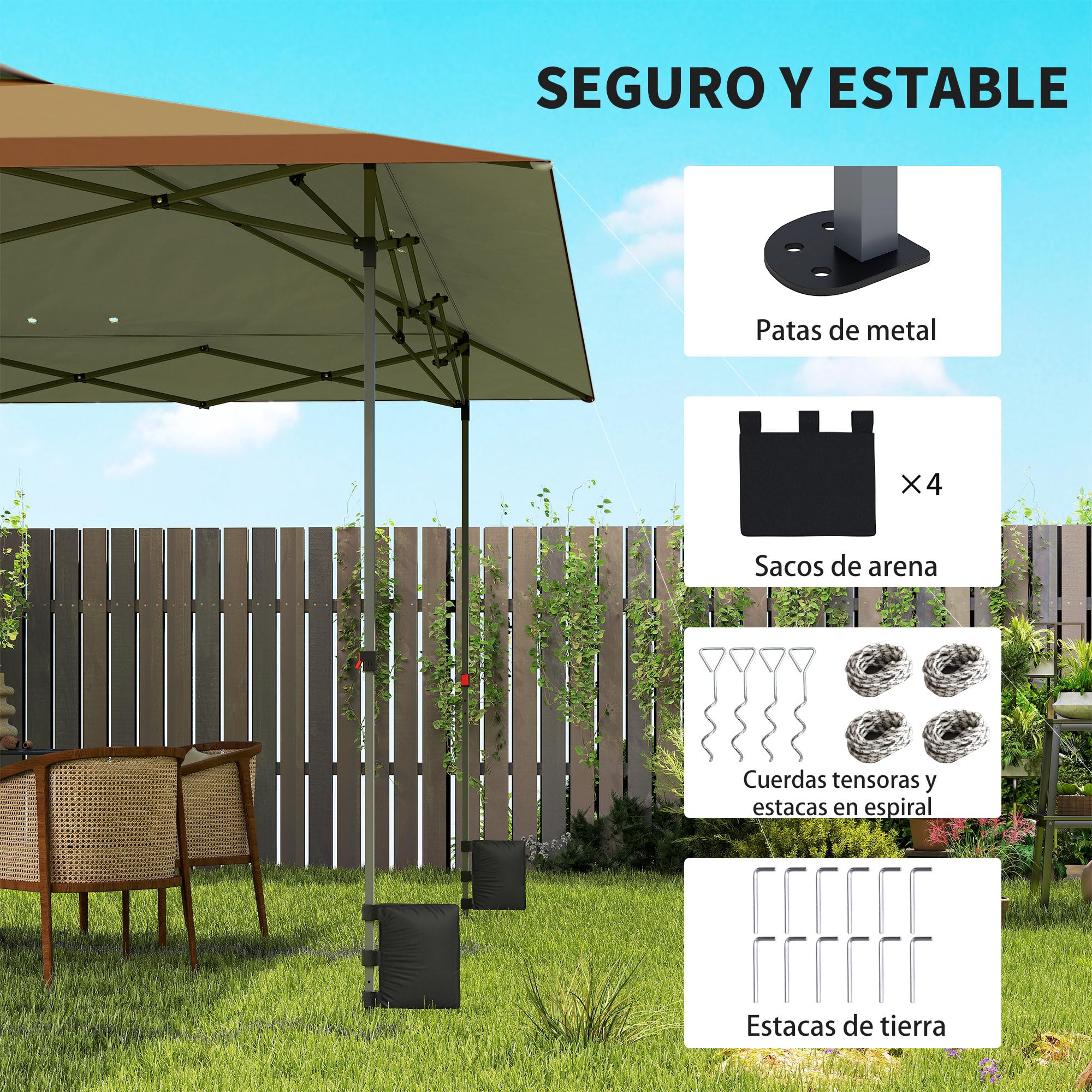 Outsunny Carpa Plegable Pop-up Gazebo 4x4 m Bloqueo Central Beige y Café | Cenador Plegable, UPF50+, Altura Ajustable, 4 Bolsas de Arena, Bolsa de Transporte con Ruedas, Camping, Fiestas