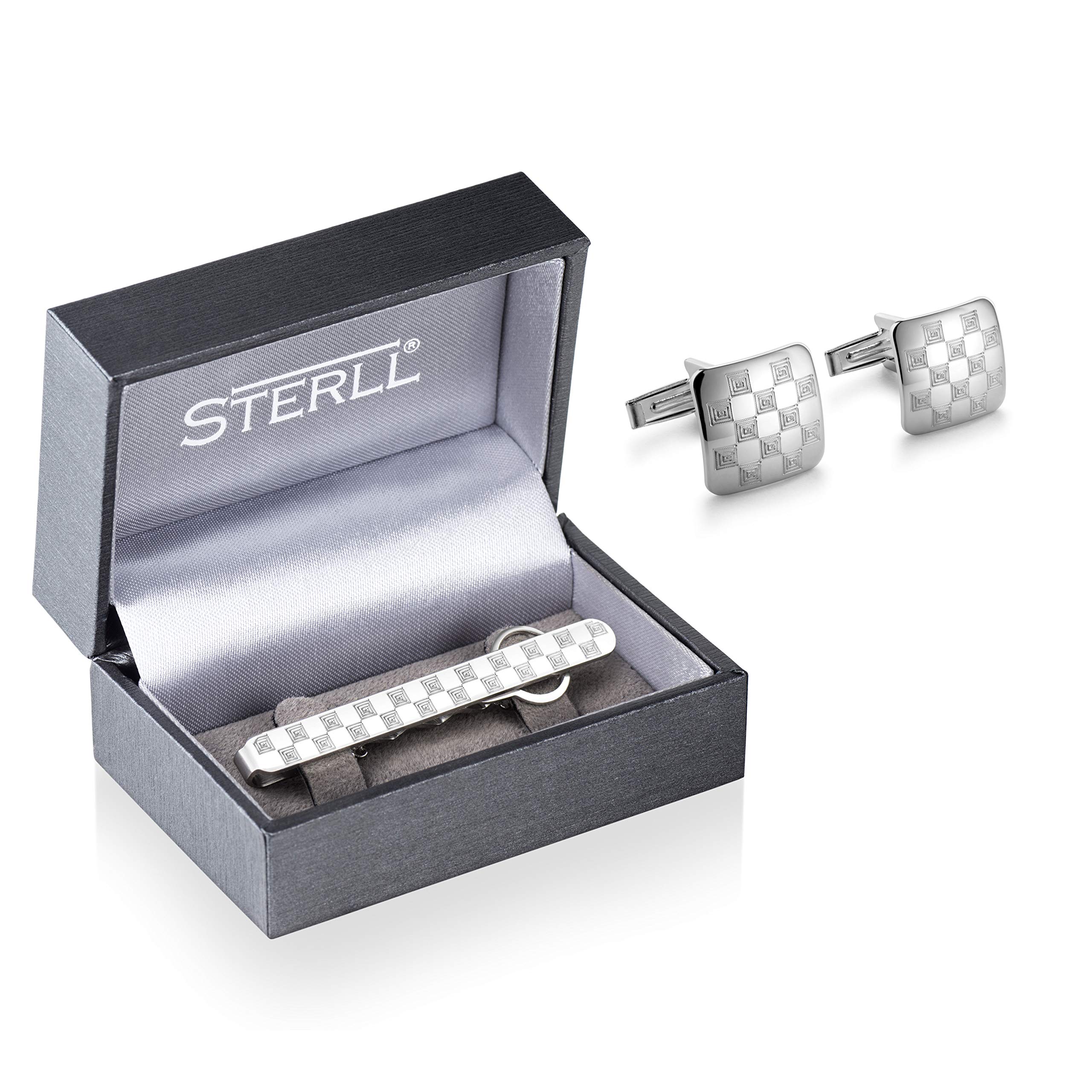 Gemelli Da Polso E Fermacravatta In Argento Sterling Con Sobrio Motivo A Scacchiera Per Uomo