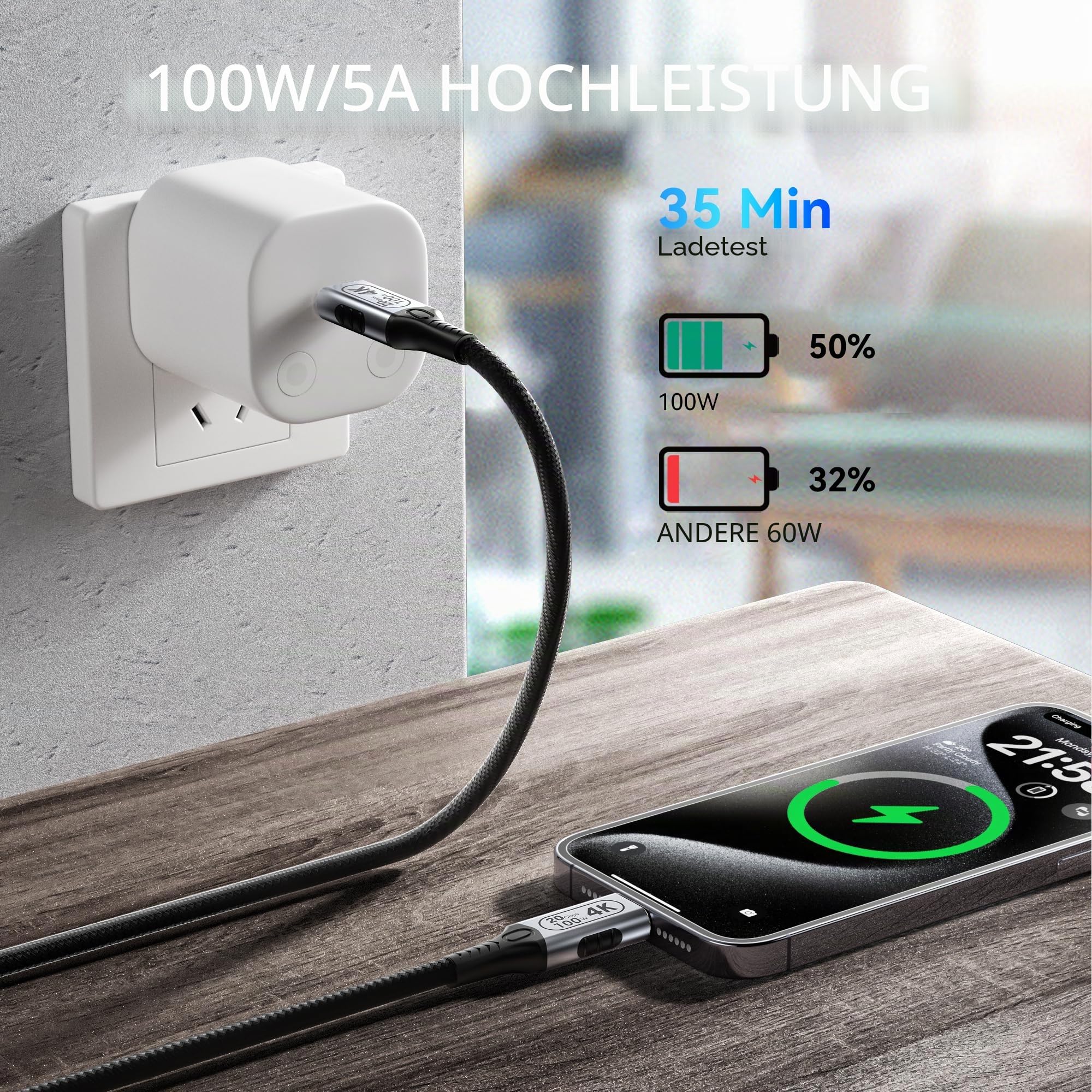 Lang Ladekabel USB C Kabel 6M, USB C 3.2 Gen2 Schnellladekabel,20 Gbps Datenübertragung, 100W 20V/5A Ladekabel,4K @ 60Hz Videoübertragung für