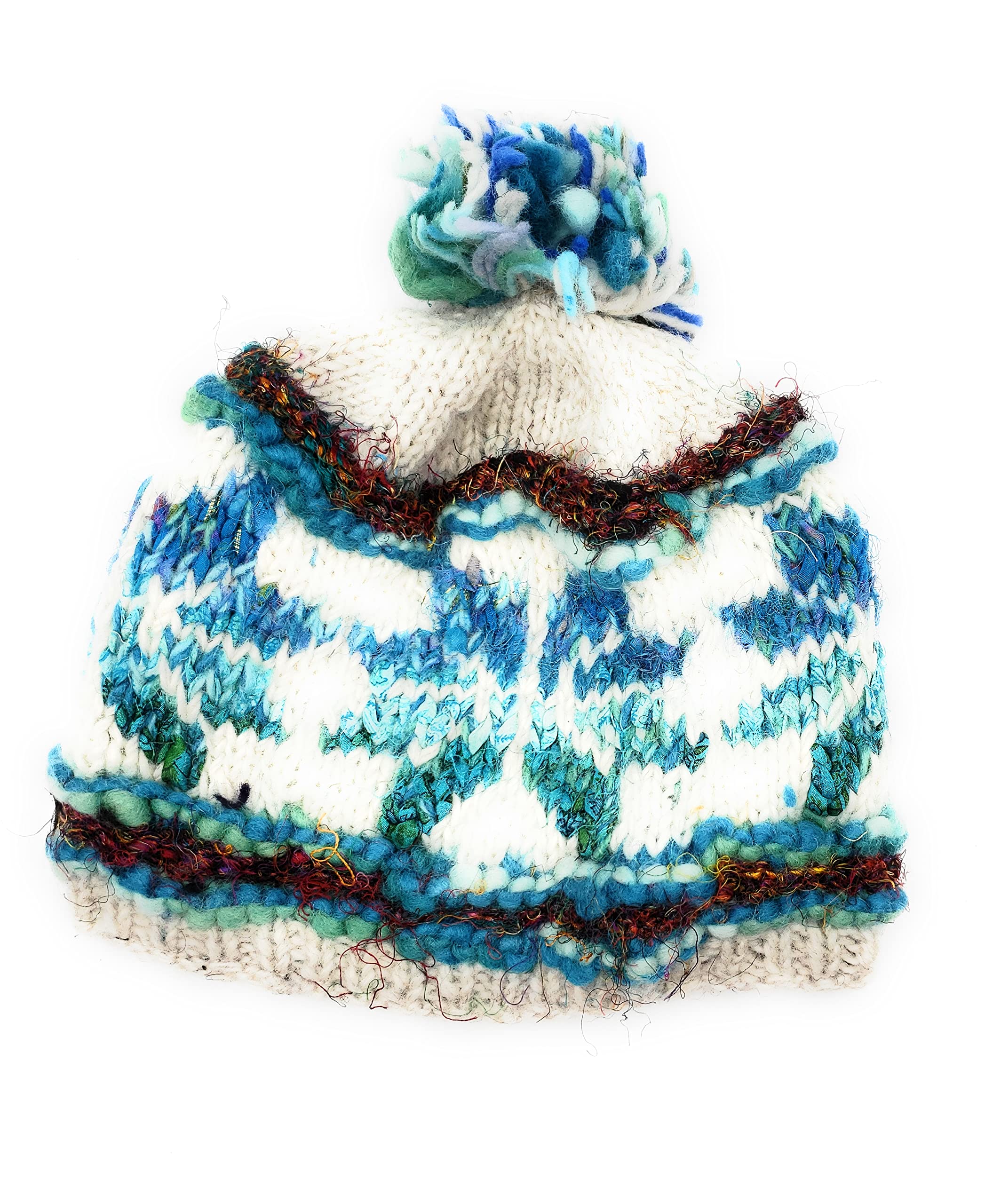 Hand Knit Wool Warm Beanie Hat Fleece Lined Snowflake Pattern Handmade in Nepal