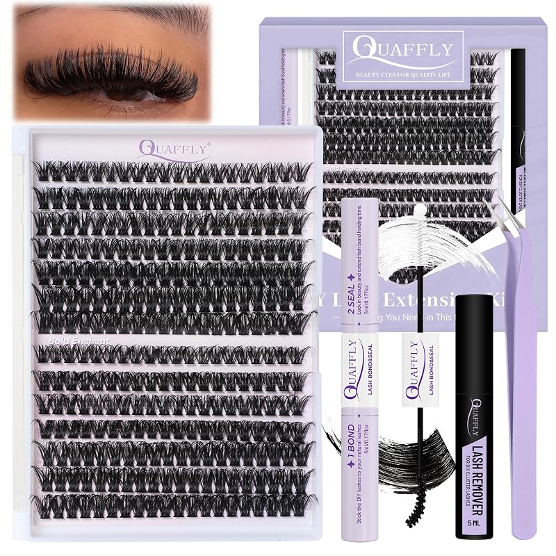 QUAFFLY Kit de Cílios Postiços em Tufo 80D, Curvatura D, 10–16 mm, com Cola e Selante, Removedor e Pinça