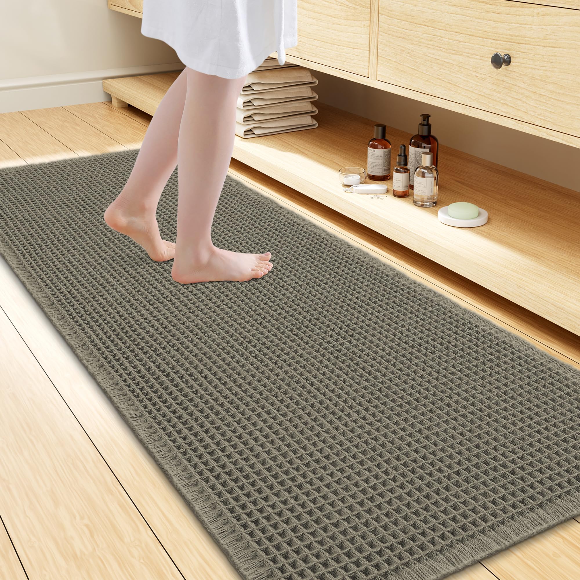 Homaxy Waffel Badematte rutschfest Badezimmerteppich, Grün 60x150cm