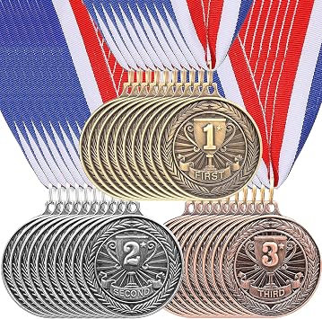 MSYU 30 Pcs Gold Silver Bronze Award Medals, Metal Winner Award Medals with Neck Ribbon, 1st 2nd 3rd Prize Medals for Kids, Adults, Sports Day Prizes, Gymnastics Competitions, Party Favours, 2 Inches