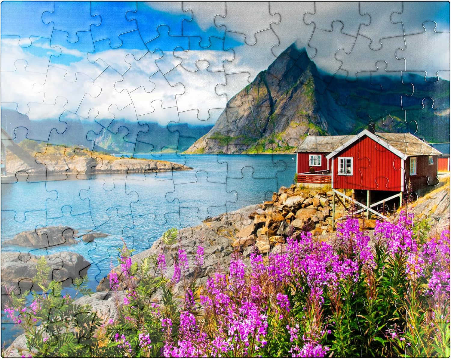 MyPuzzle Typical Red Fishing Houses in A Harbor in Lofoten Norway - Premium 100 Piece Jigsaw Puzzle for Adults
