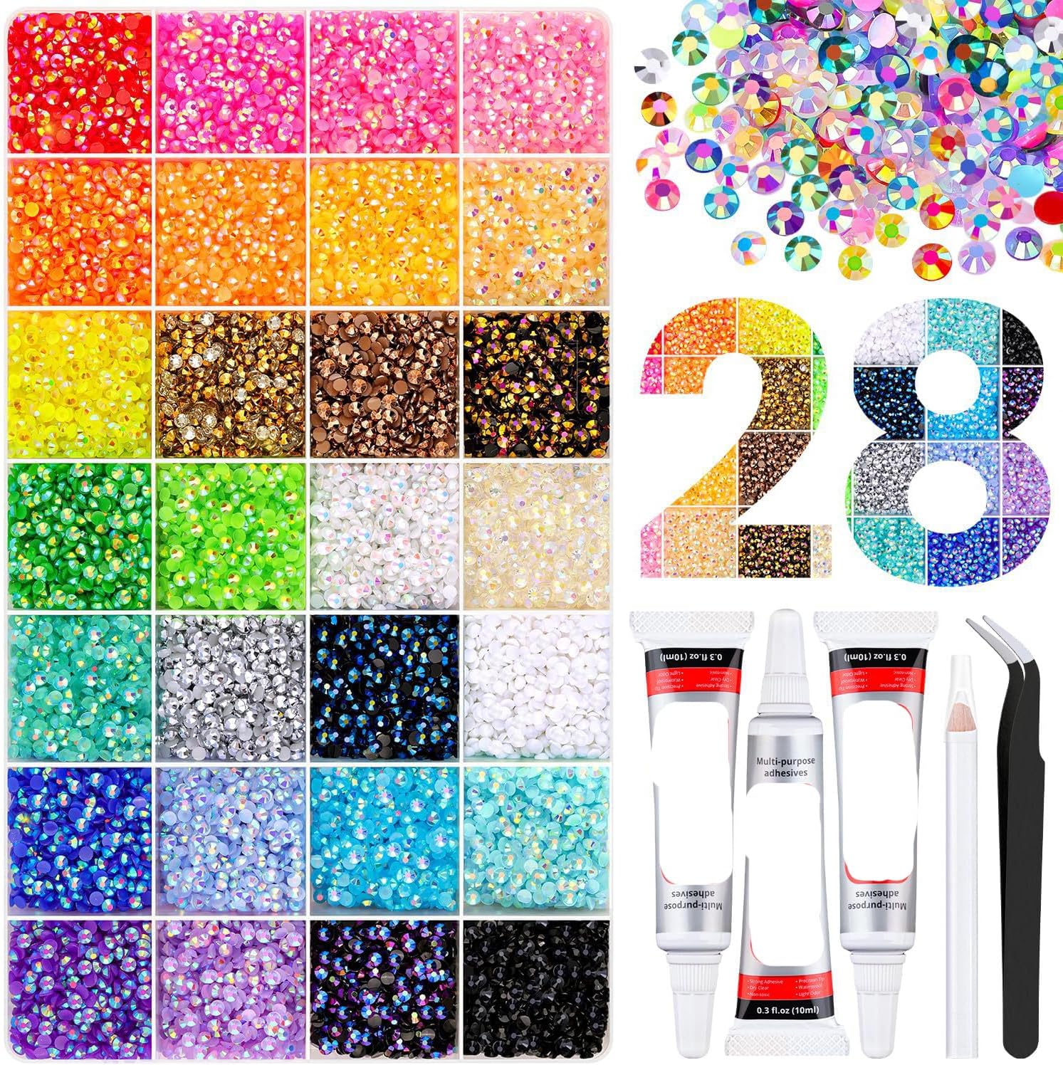 28 Colors Resin Jelly Rhinestones for Bedazzling, 3mm 32000 Pcs Flatback Gems for Crafting, Bedazzling Kit with 3Pcs B7000 Glue for Clothing Shoes Nail Book Diamond Art (28 Colors)