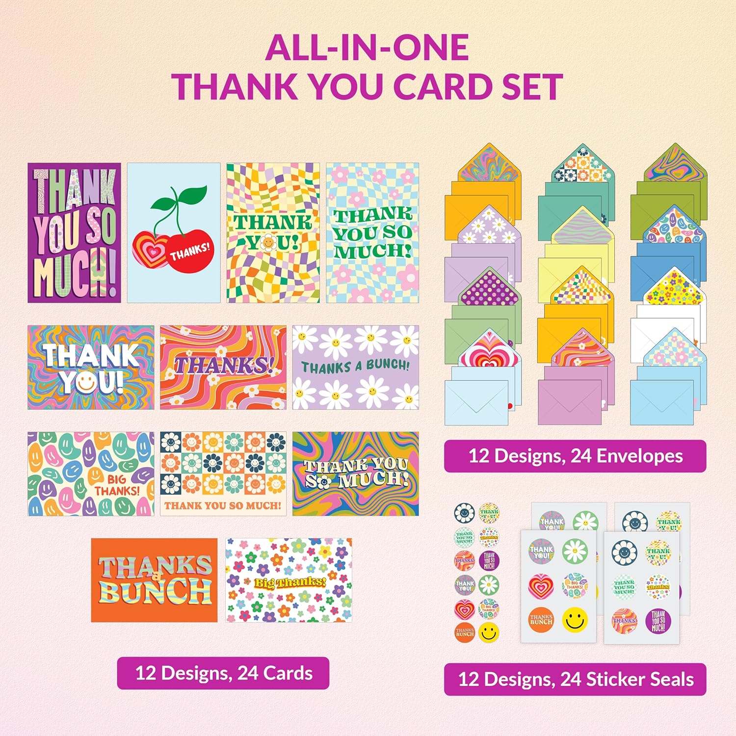 Decorably 24 Pack 6x4in Retro Kid Thank You Cards Birthday with Envelopes & Stickers, 12 Hipster Designs for Friends, Family and Loved Ones, Blank Inside - Children's Party, All Occasions, Gifting - Image 3