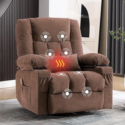 Massage Swivel Recliner Chair with Vibration Massage and Lumbar Heating for Adults,Oversized Rocker Recliner Single Sofa with Side Pocket,Two Cup Holders and USB Charge Port for Living Room