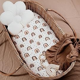 Muslin Bassinet Fitted Sheets, 2 Pack for Baby Boy and Girl, Soft Breathable Stretchy Baby Pad/Mattress Sheet Set, Universal Fit for Hourglass Oval and Rectangle Bassinet Mattress (Cute Rainbow)