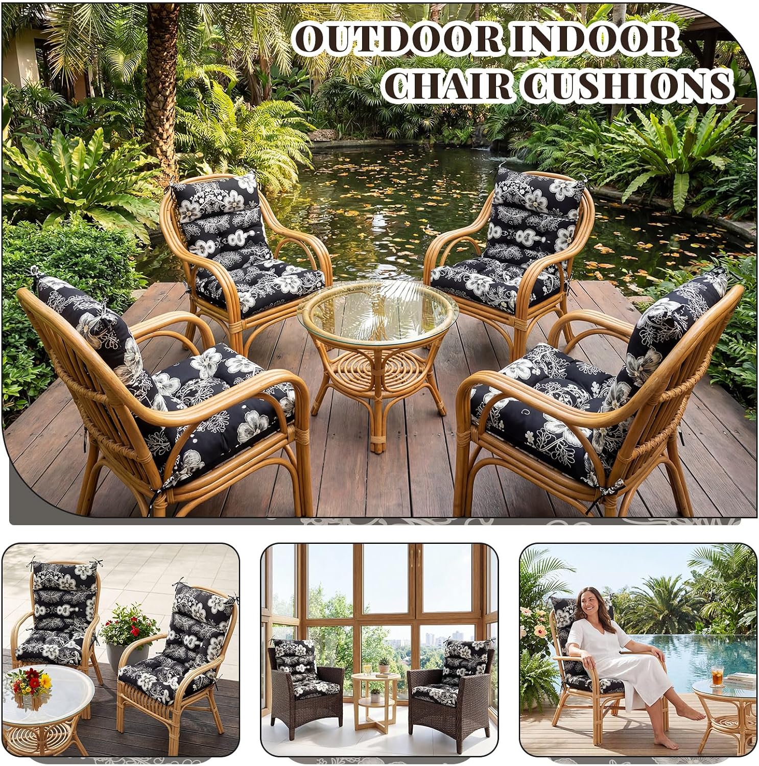 Sintuff 4 Pcs 44 x 21 x 4 Outdoor Chair Cushion Patio Chair Cushions Seat/Back Tufted Pillow with Ties Water Resistant Replacement Indoor Patio Furniture Outdoor Furniture (Flower,Black,White)