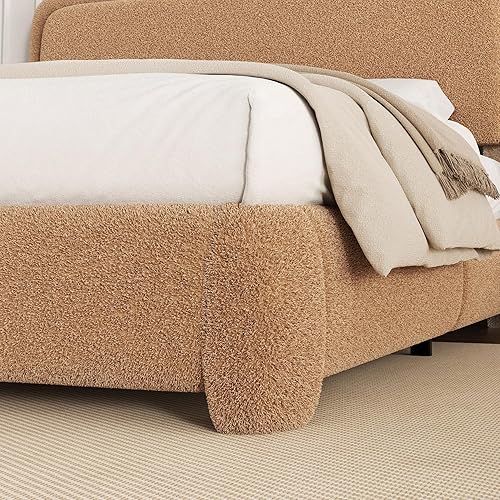 Miniatura 6 de Base de cama de tamaño Queen con plataforma de bouclé, base de cama tapizada tipo nube con cabecera ajustable, esquinas redondeadas anticolisión, no