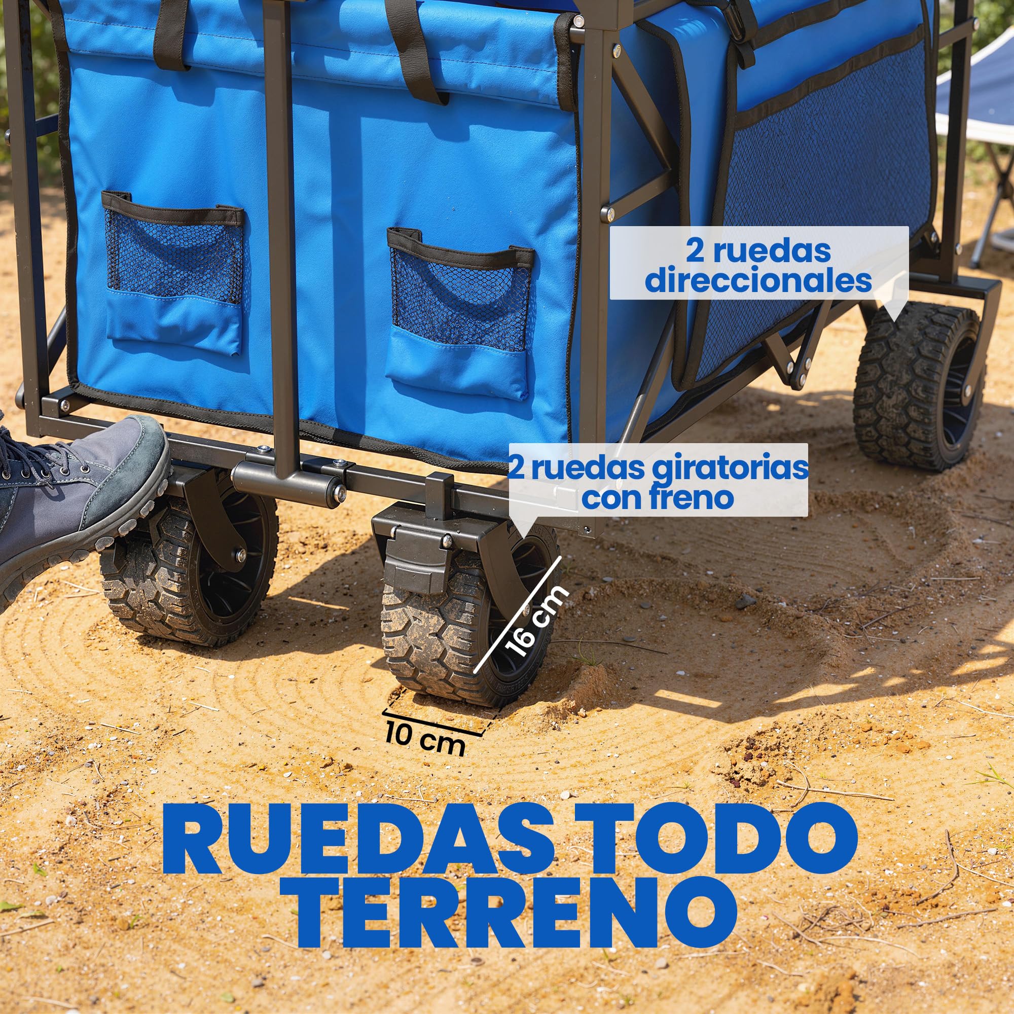 Outsunny Carro Playa con Ruedas Grandes con Freno, Techo Extraíble, Carro Plegable para Jardín con Barra Ajustable, Portavasos y Bolsillos, Carga 100 kg, para Todo Terreno, Campaña, Compras, Azul