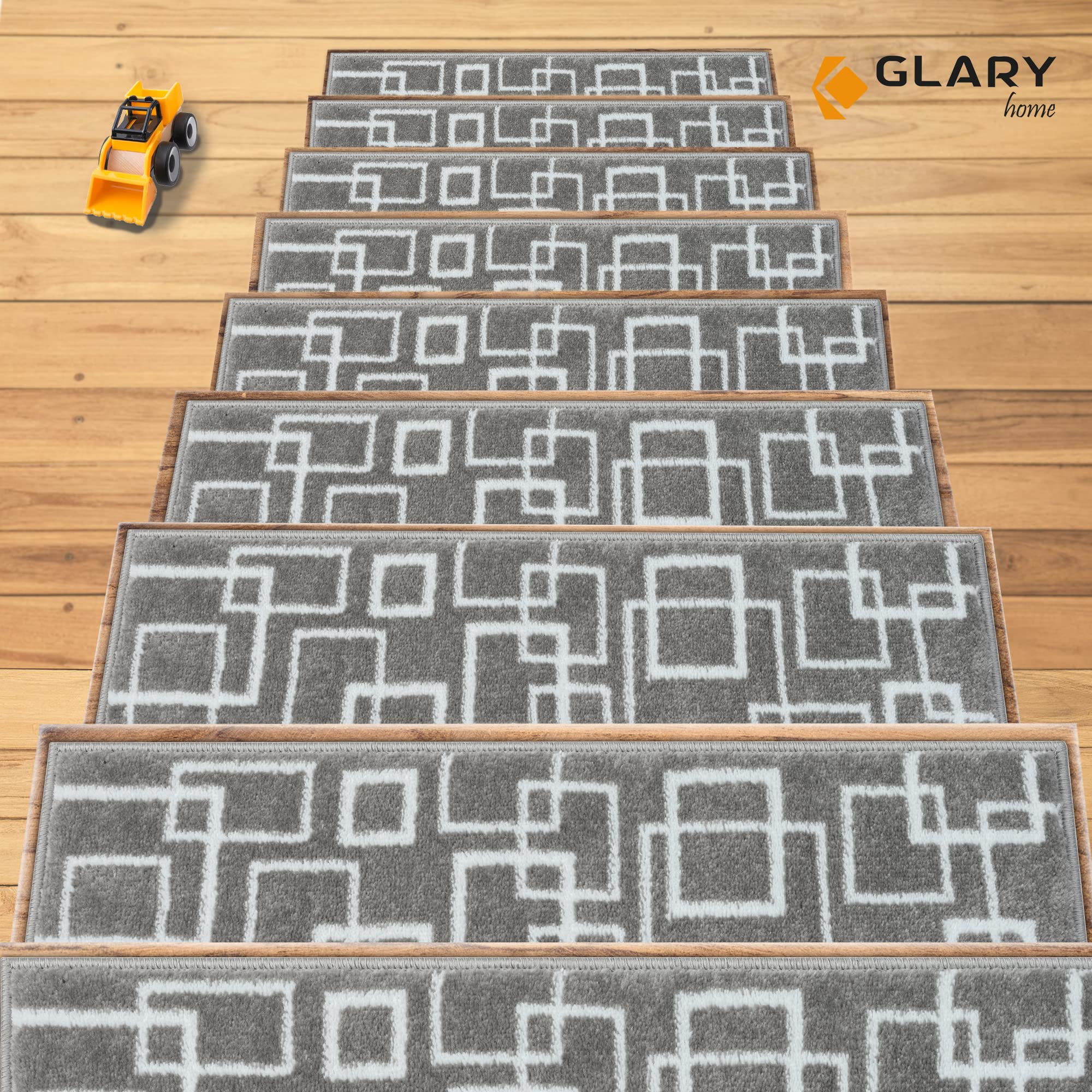 Glary Home 15er Set Stufenmatten 22cm x 71cm x 1.2cm Treppenteppich Selbstklebend / GH40A-WGRY (quadratisches Muster, Weiß - Grau)