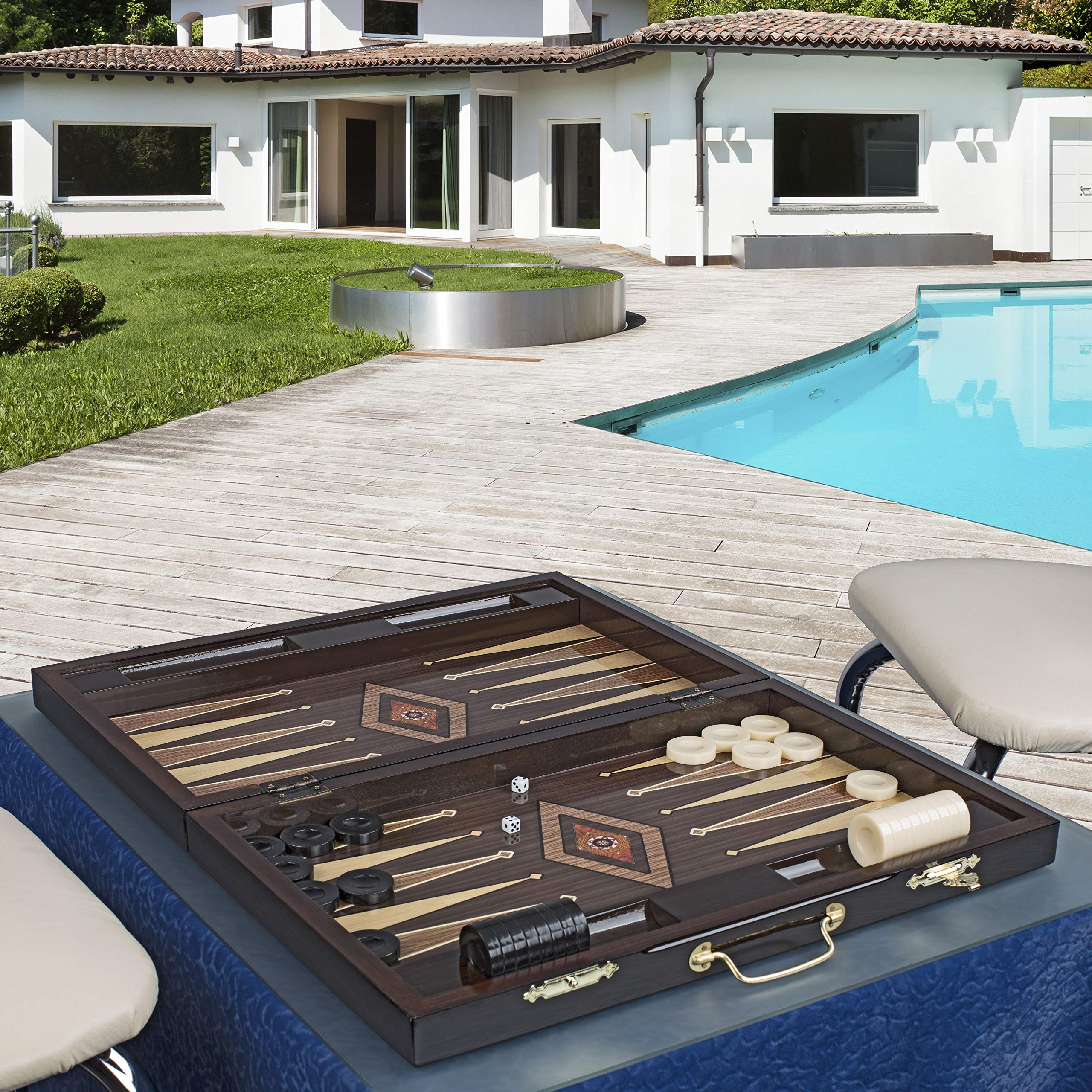 LaModaHome Star 30'' Decorated Turkish Backgammon Set, First Class Elite Vinyl Wooden Classical Design, Portable Board Game Tavla with Metal Handle Adults Kids, Café