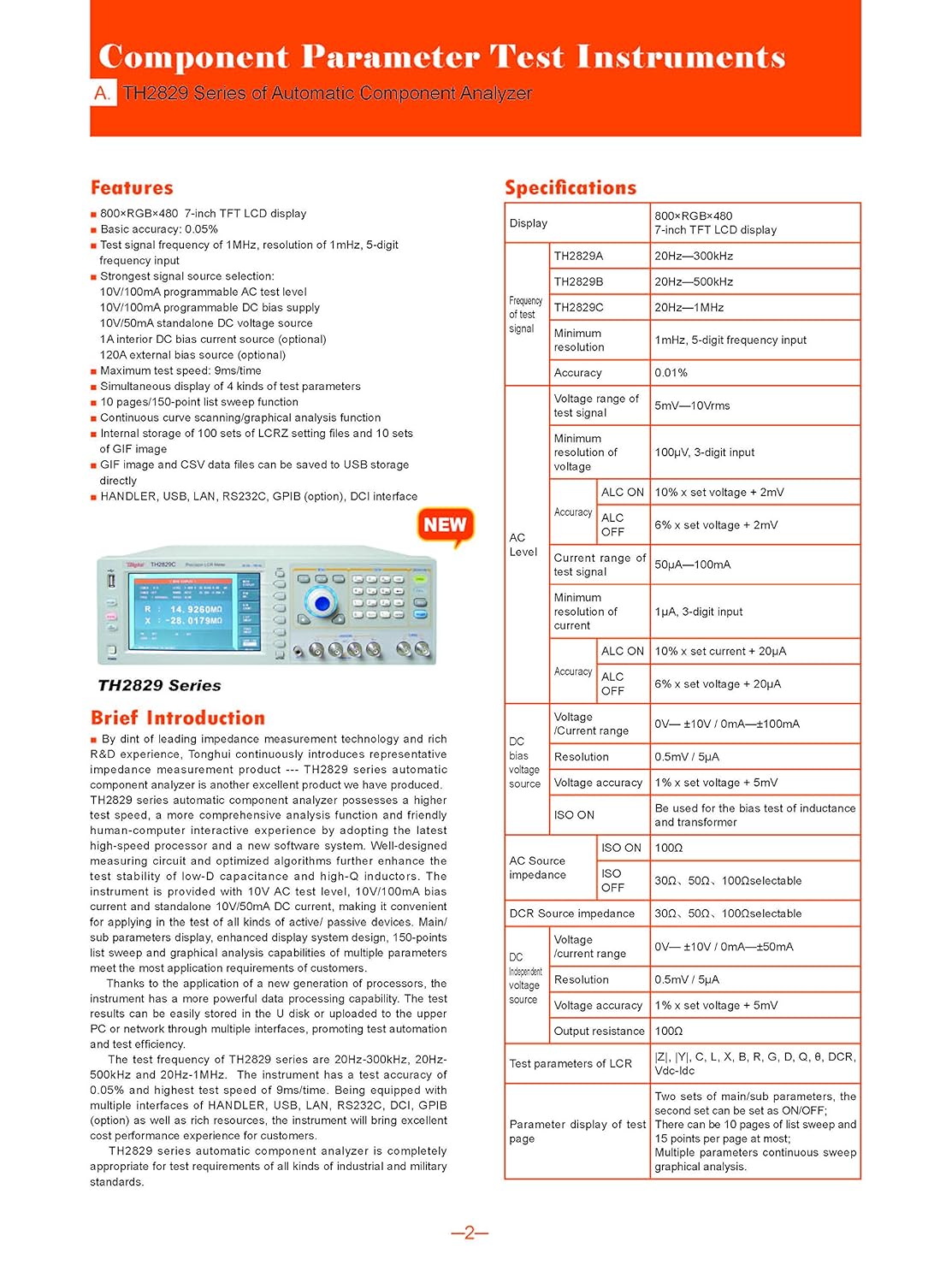 TH2829A Automatic Component Analyzer 10V/100mA