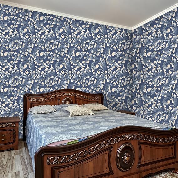VaryStyle 17.7x118 Classical Damask Wallpaper Navy Blue/Cream Victorian Floral Peel and Stick Wallpaper Vintage Paisley Wall Paper Removable Self Adhesive Contact Paper for Cabinets Bathroom Bedroom