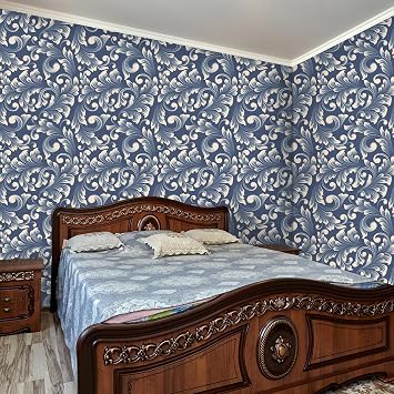 VaryStyle 17.7x118 Classical Damask Wallpaper Navy Blue/Cream Victorian Floral Peel and Stick Wallpaper Vintage Paisley Wall Paper Removable Self Adhesive Contact Paper for Cabinets Bathroom Bedroom
