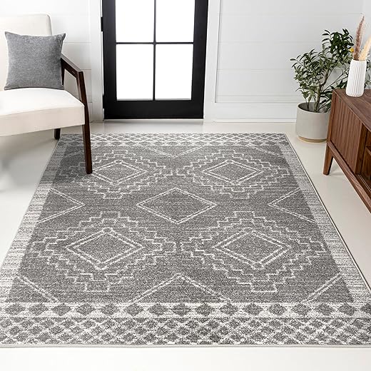 JONATHAN Y MOH200C-8 Amir Moroccan Beni Souk Indoor Area-Rug Bohemian Farmhouse Rustic Geometric Easy-Cleaning Bedroom Kitchen Living Room Non Shedding, 8 X 10, Gray,Cream
