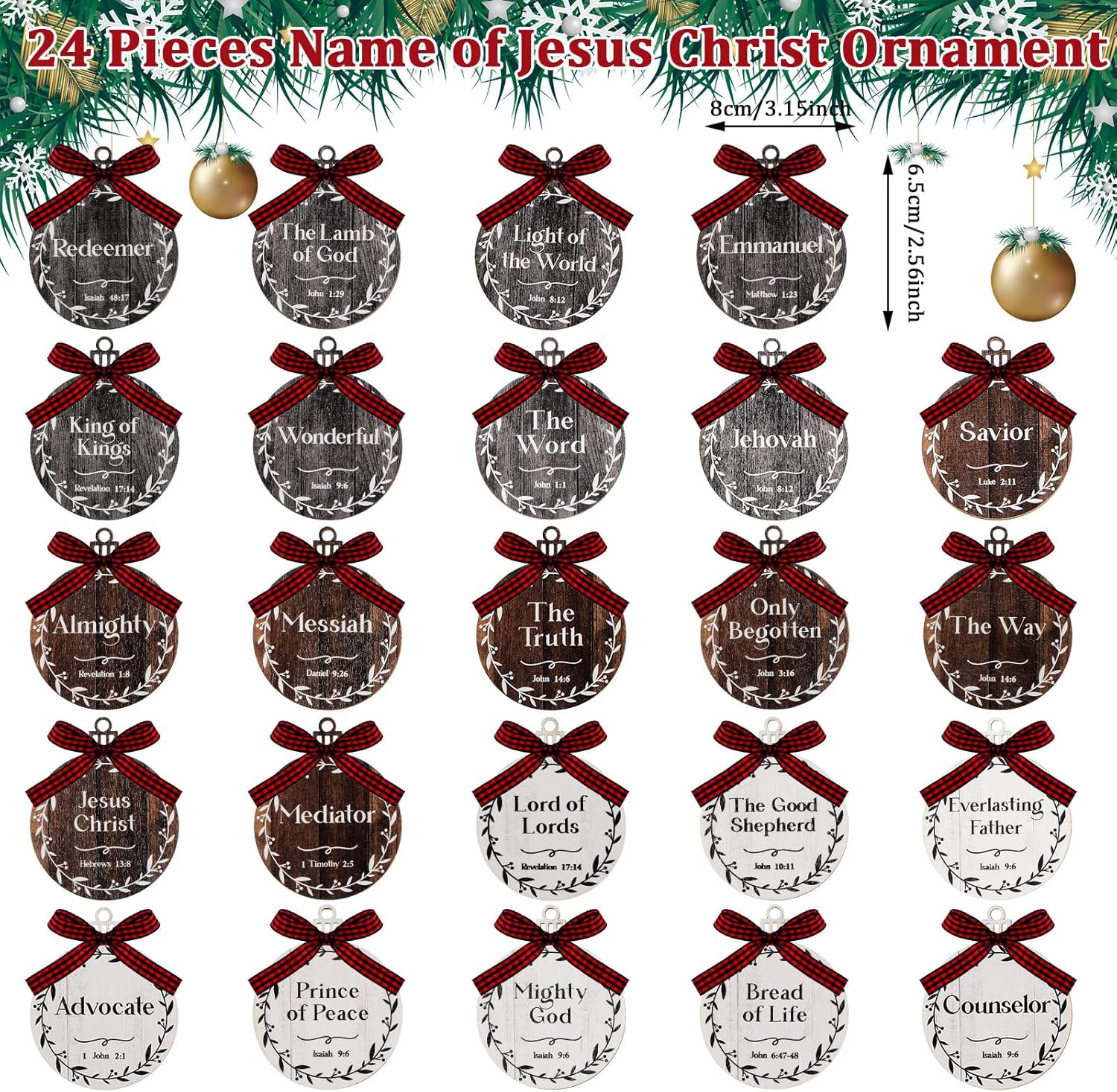 Blulu 24 Pcs 2026 Names of Jesus Advent Christian Christmas Hanging Ornaments Bulk Religious 3 Inch Wood Ornaments with Savior Names for Christmas Tree Decoration(Black, White, Brown,Round)