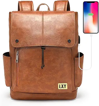 LXY Leather Laptop Backpack Women Vintage Travel Computer Backpack with USB Charging Port, Laptop Purse Book Bag for Ladies