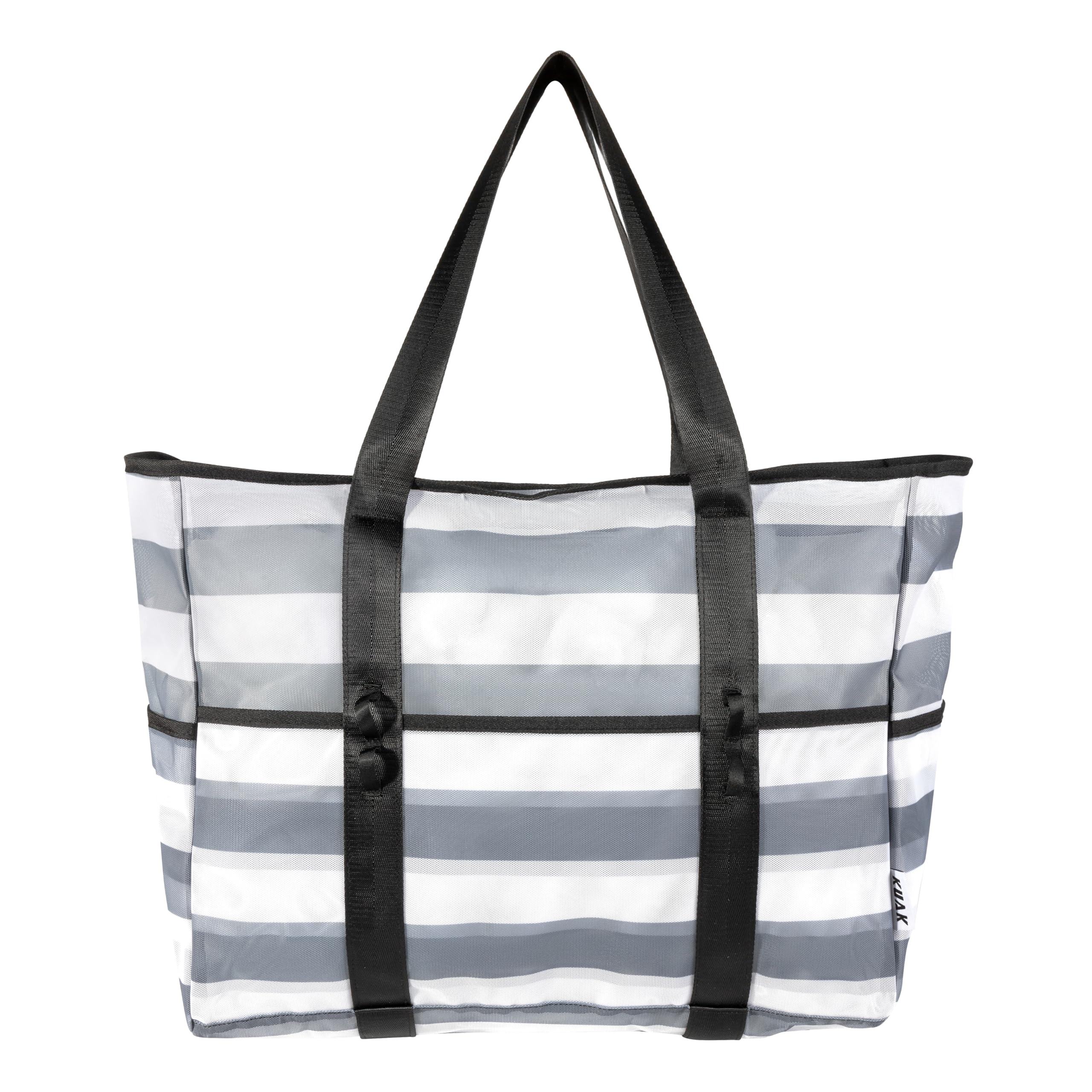 KUAK Mesh Beach Bag, Large Beach Tote with Top Zipper, 9 Pockets, Inner Waterproof Pocket for Family Pool Vacation Essentials