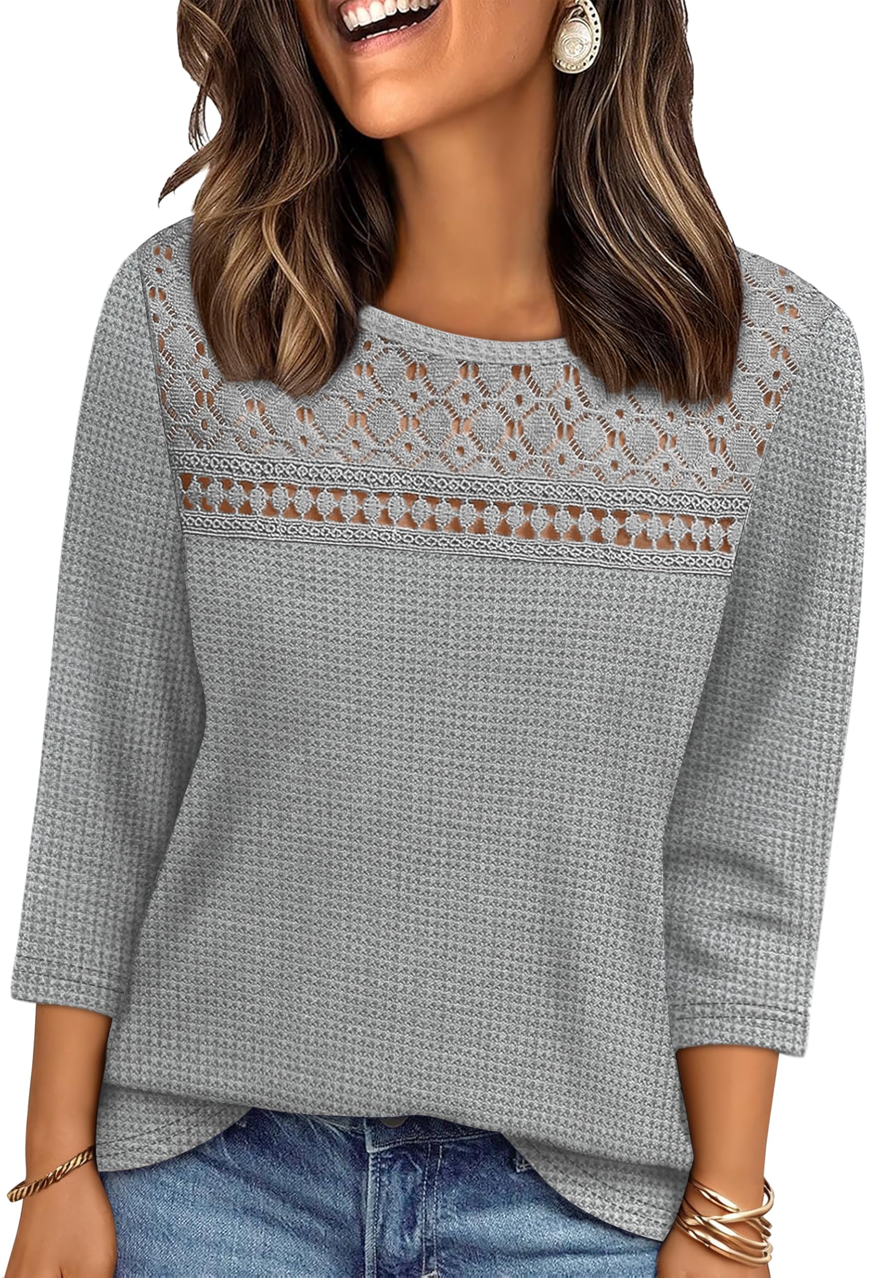 OFEEFAN Blusas femininas de manga 3/4 de comprimento no início do outono 2025 elegantes blusas casuais com renda frontal moderna camisas de malha waffle