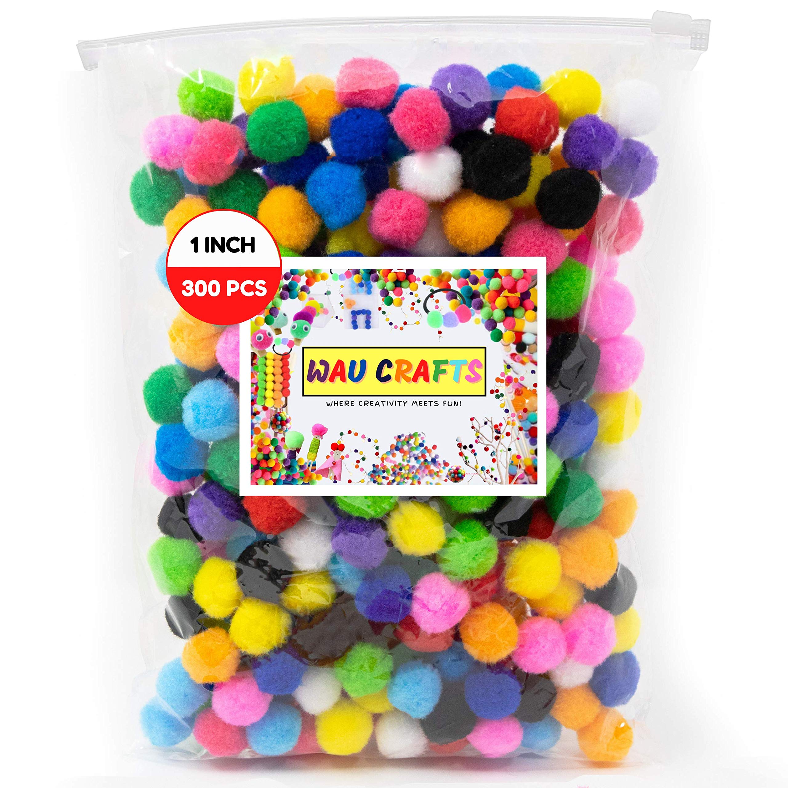 WAU Craft Pom Poms Balls - [400 pcs] 1 inch 300 Multicolored Pompoms with 100 Googly Eyes for Arts and DIY Projects