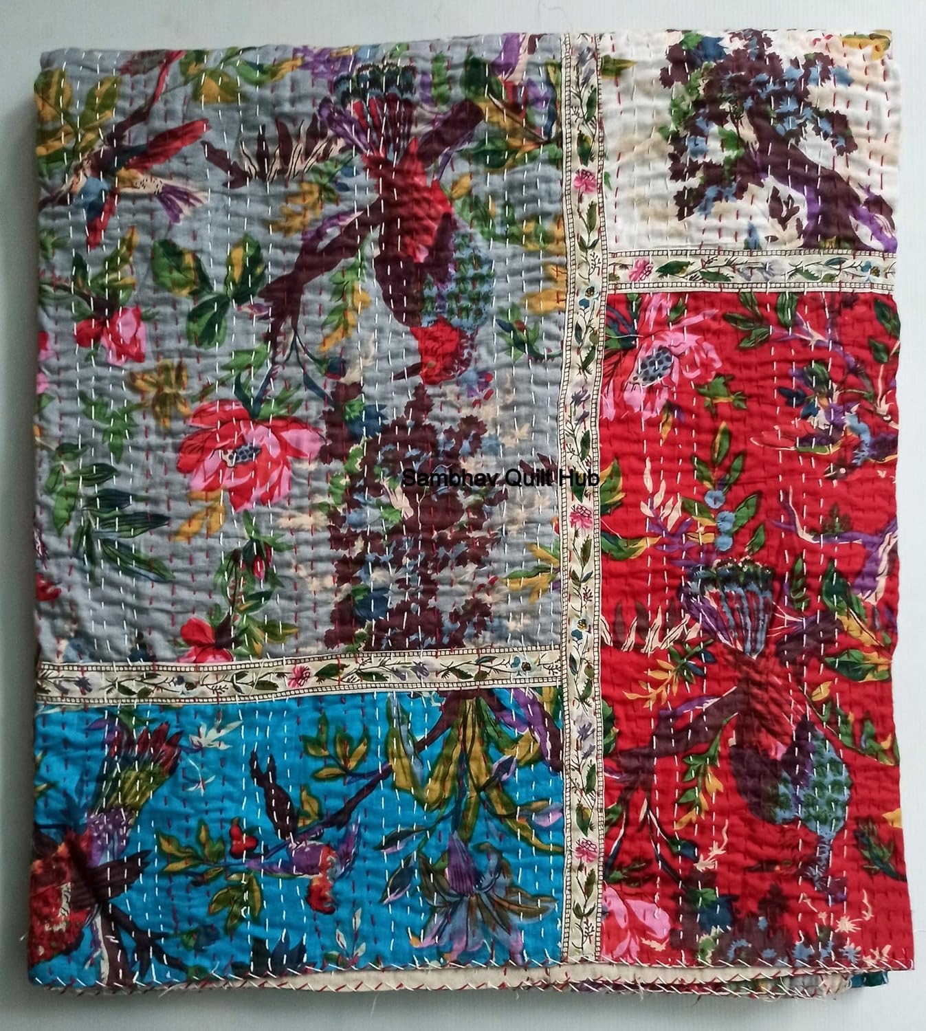 Queen Size Floral Animal Bird Print Kantha Handblock Bird Kantha Home Decor Quilt Bedspread Boho Bedding Queen Size/King Size Bed Cover Kantha Quilt