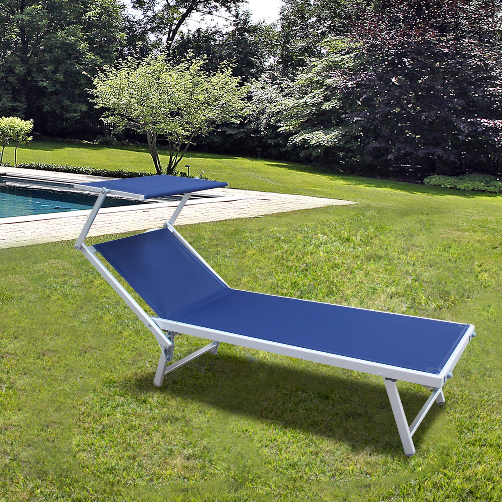 Rebecca Mobili Lettino Prendisole, Sdraio Da Spiaggia Giardino, Blu, Textilene Alluminio, Pieghevole Con Tettuccio - Misure 38x186x61 (HxLxP) - Art. RE6566